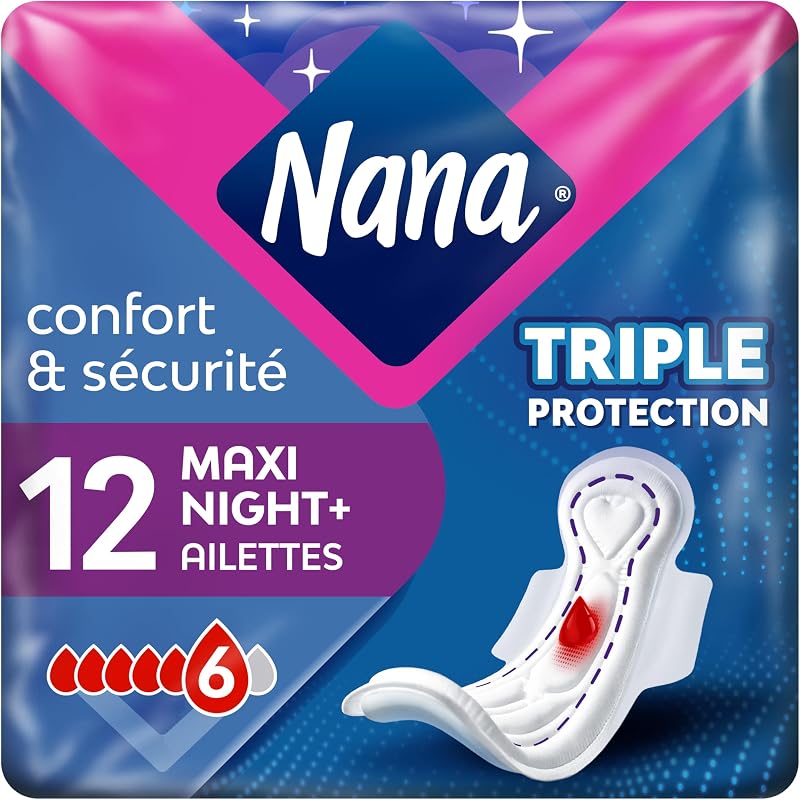Nana Maxi Goodnight x12 - Serviettes Hygiéniques Nuit avec Ailettes - Serviettes Hygiéniques Flux très Abondant