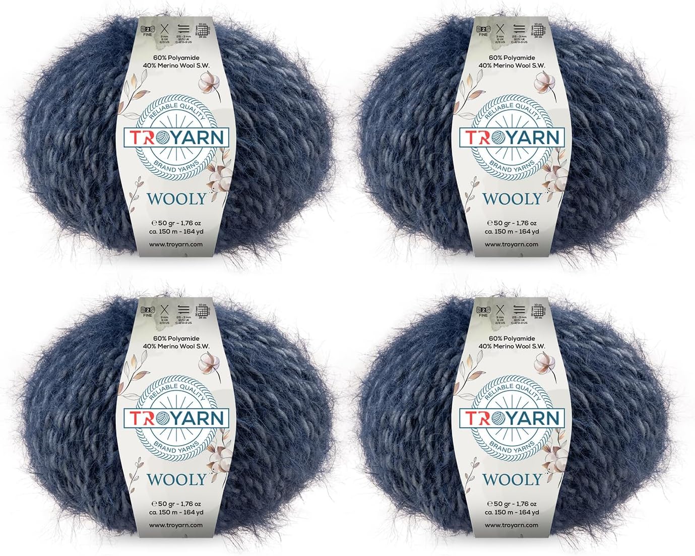 Wooly Yarn for Knitting and Desing for Scarves or Cozy Blankets, Natural Merino Wool Blend with Softness, Quality, Durability for Handmade Projects, Fine(2)/(4x1.76 Oz)/(4x164 Yd)(11936 - Denim Blue)