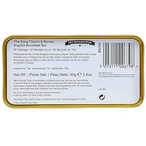 Miniatura 7 de New English Teas Song Thrush and Berries Tea Tin in Pink con 40 bolsitas de té inglesas para el desayuno