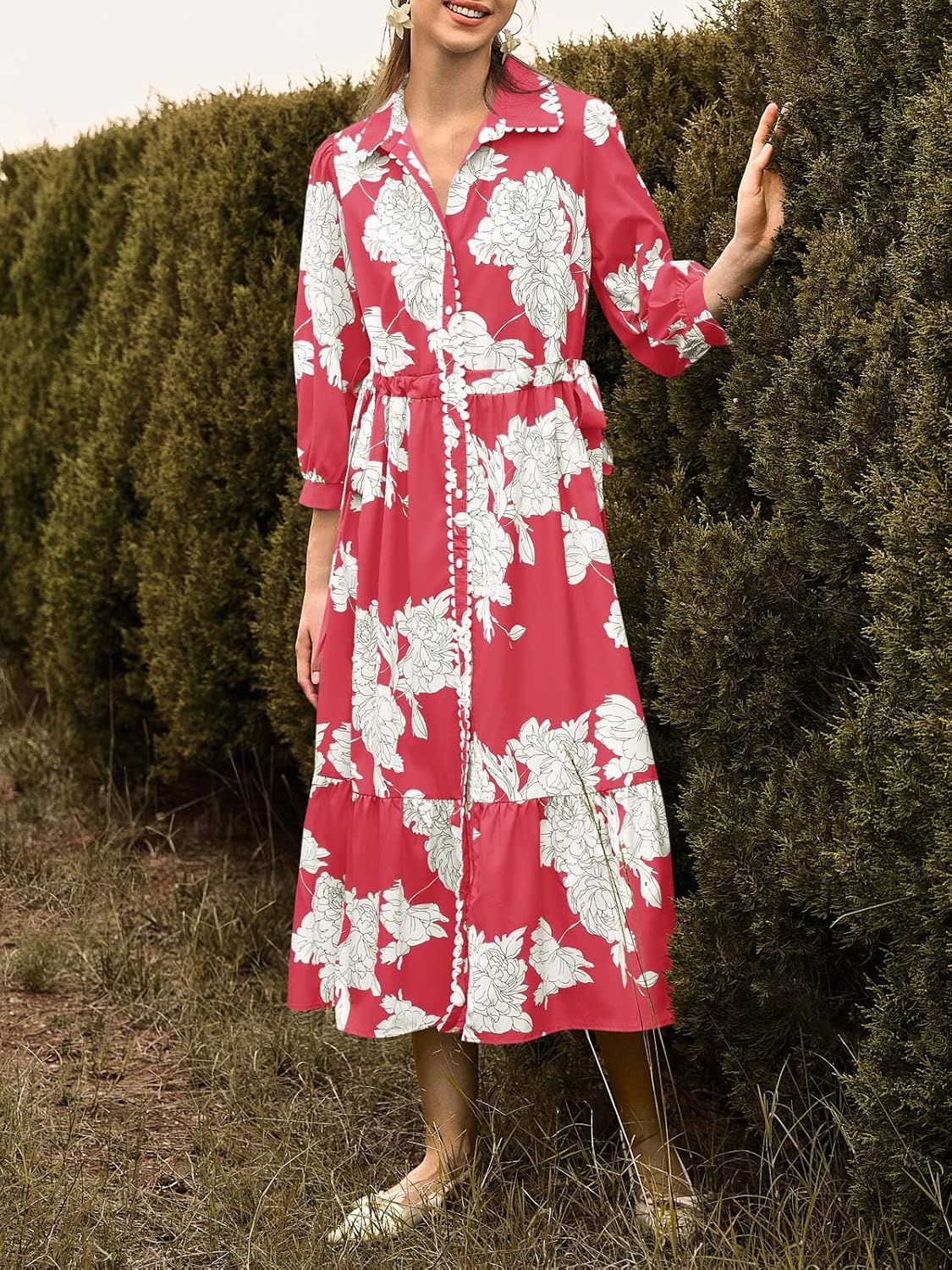 Wenrine Womens Maxi Shirt Dress Casual Floral Collared 3/4 Long Sleeve Drawstring Waist Fall Button Down Dresses - Image 5