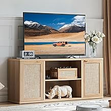 LEYAOYAO Rattan TV Stands for Living Room, Boho TV Cabinet with Storage and Open Shelf, Rustic Wood Entertainment Center, Media Console for 50-65 Inch TV, Natural Wood