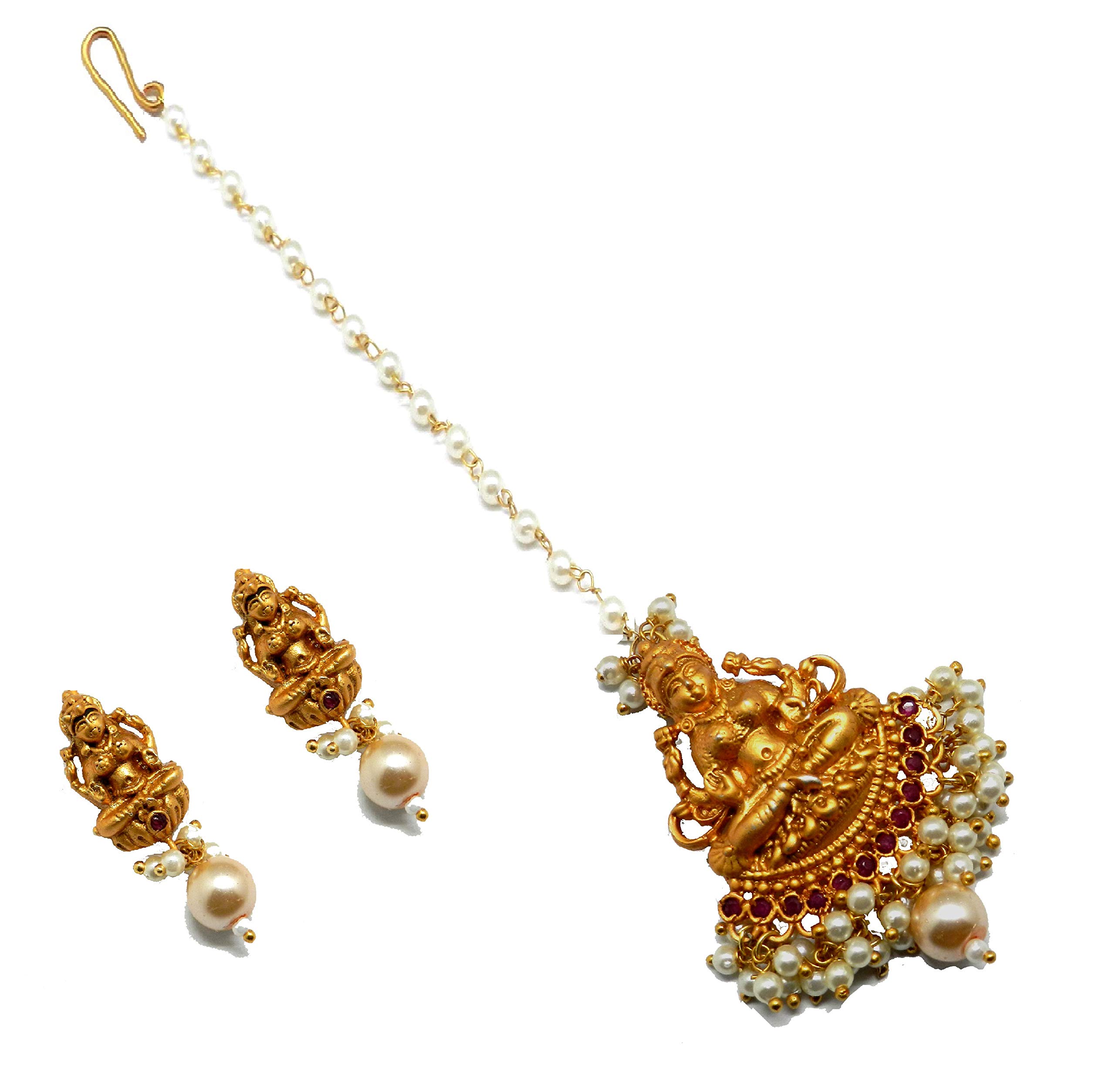 Radhesh Creation And Jewellery Traditional American Diamond Gold Plated Temple Jewellery Laxmi Maang Tikka with Earring for Girls & Women (B08QW1ST9K) Amazon Price History, Amazon Price Tracker