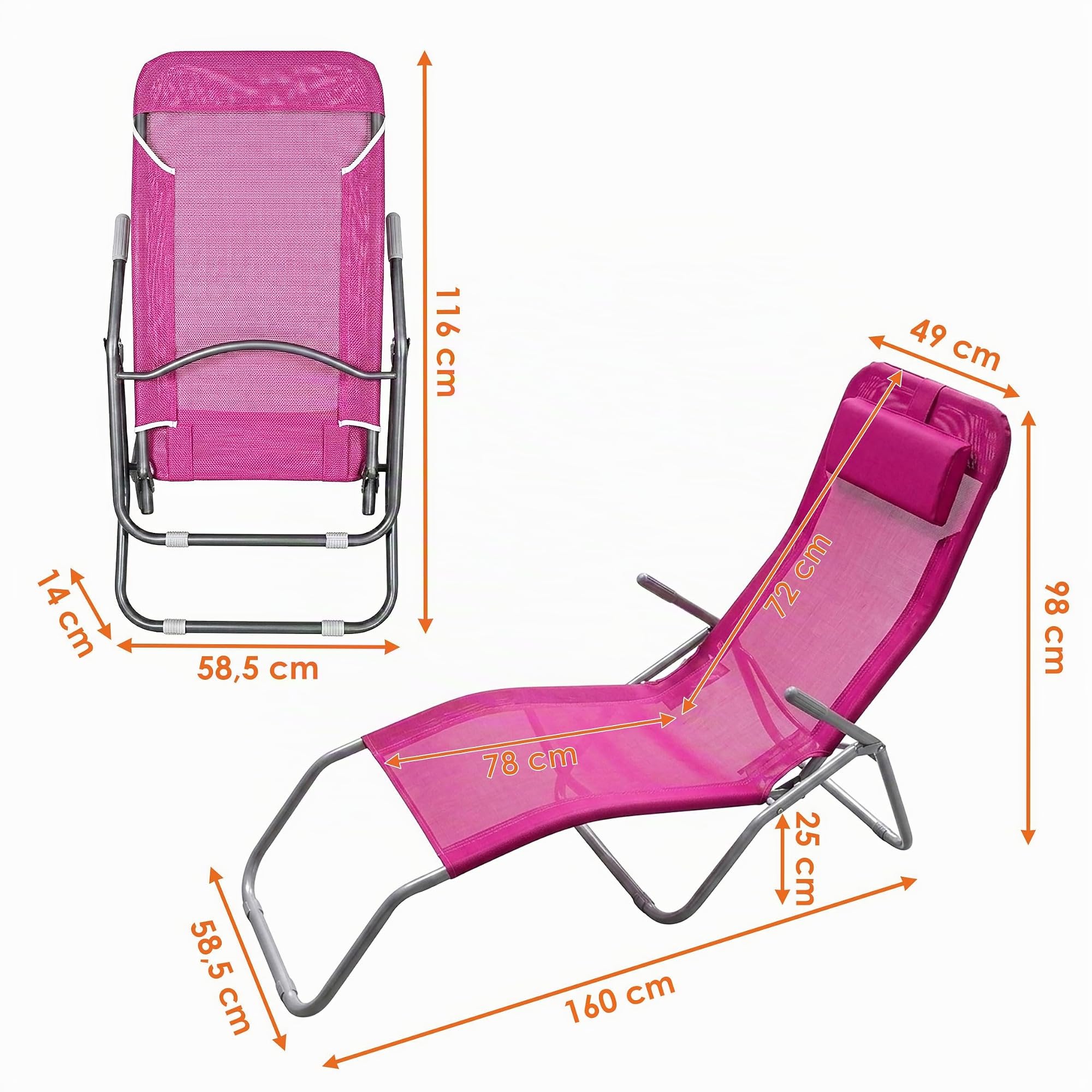 Spetebo Gesundheitsliege mit Kopfkissen - Fuchsia - Outdoor - Kunststoffgewebe - Gartenliege zusammenklappbar - Pool Bäder Spa Garten Balkon Sonnen Liege