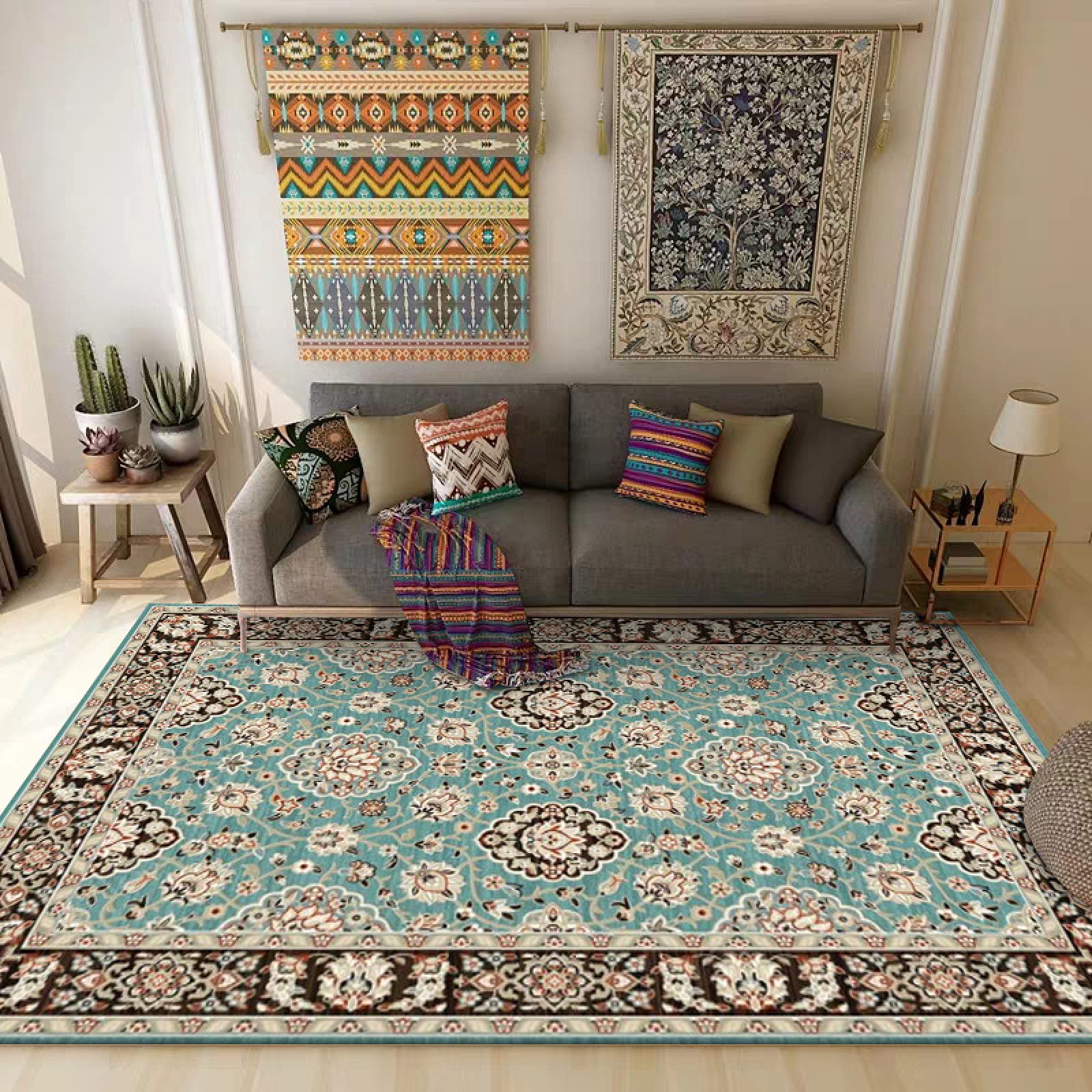 Tapis oriental traditionnel anti peluche avec motif floral vintage