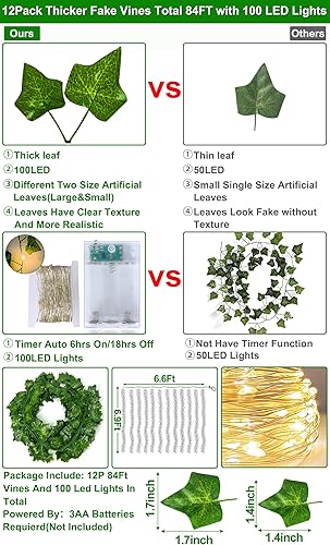 Miniatura 9 de 8 modos y temporizador Total de 200 luces LED de 168 pies, paquete de 24 hojas de hiedra artificial, plantas falsas de vid, hojas gruesas grandes y