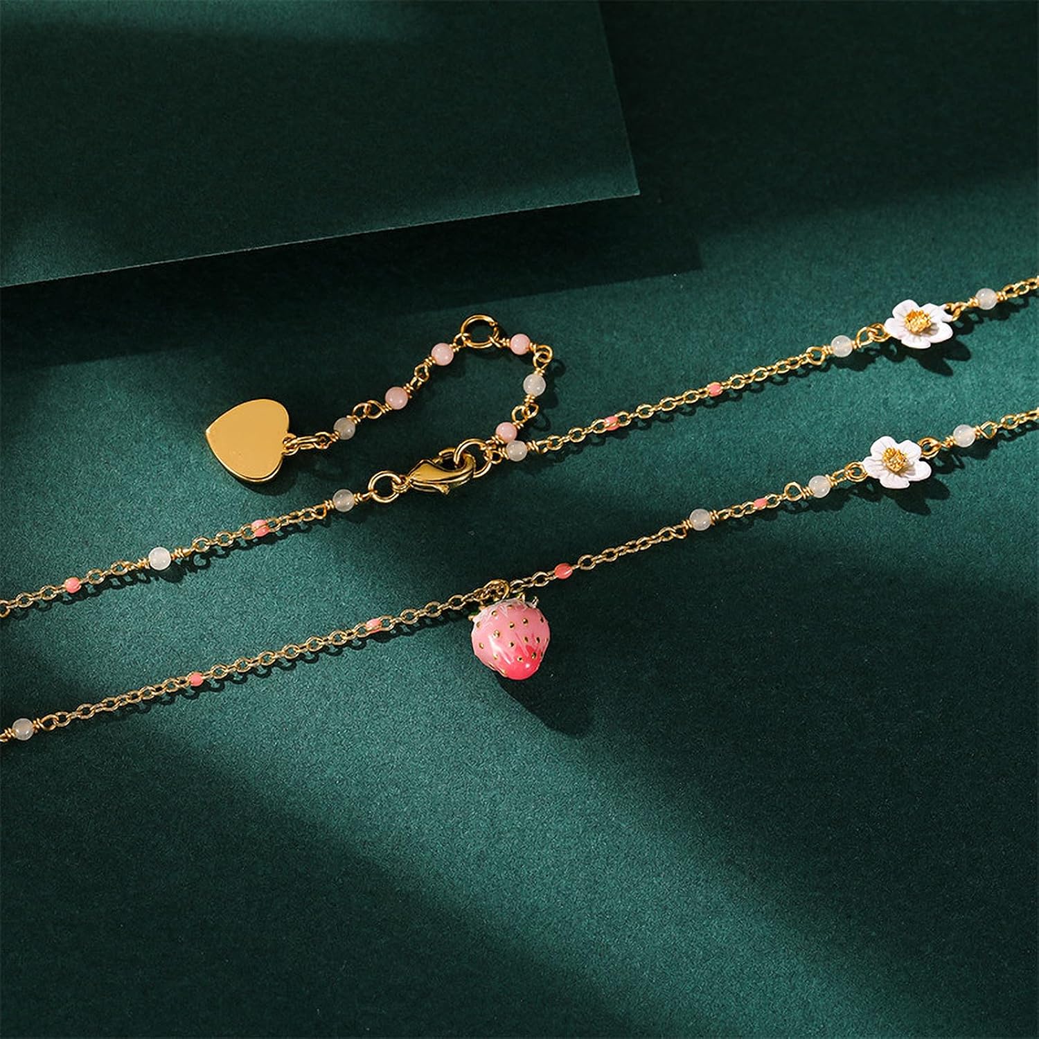 Pink Strawberry Station Necklace - Cute Enamel Fruit & Flower Pendant for Women, 18K Gold Plated Dainty Aesthetic Jewelry Gift - Image 5