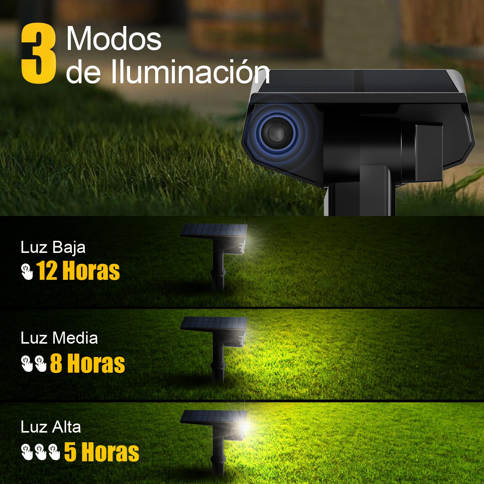 Luces Solares LED Exterior Jardin, 4 Piezas Focos LED Exterior Solares Jardin Potentes 32LED 3 Modos de Luz, Impermeable IP65 Lamparas Solares Lampara Foco Luz Solar Exterior Jardin Luz Cálida