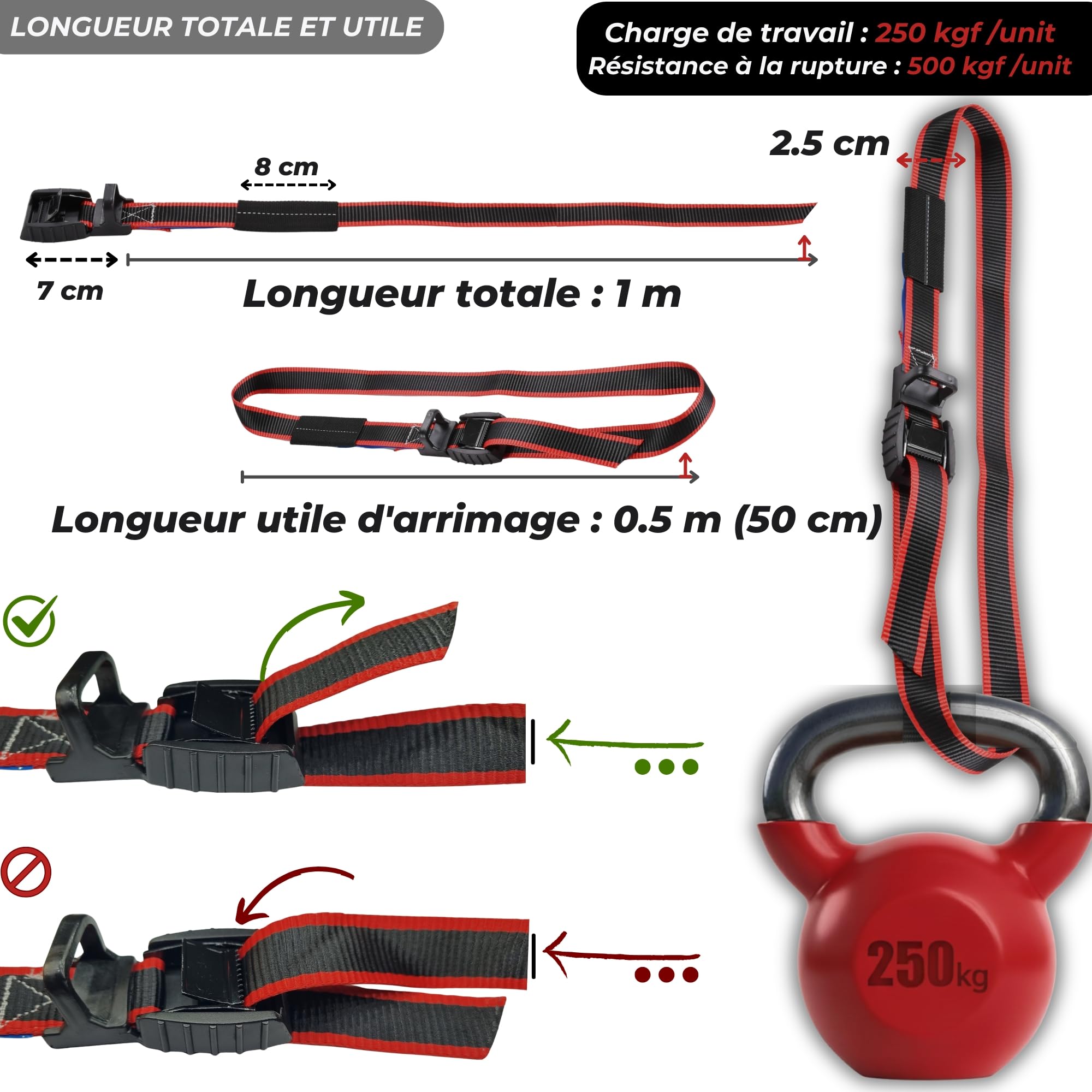 Petites Sangles D'arrimage avec Protection Gomme Antirayures - Sangles De Serrage Courtes pour Moto Remorque, Porte Vélo - en 12195-2 Résistance 500 kgf par Unité - 4 Unités 1m
