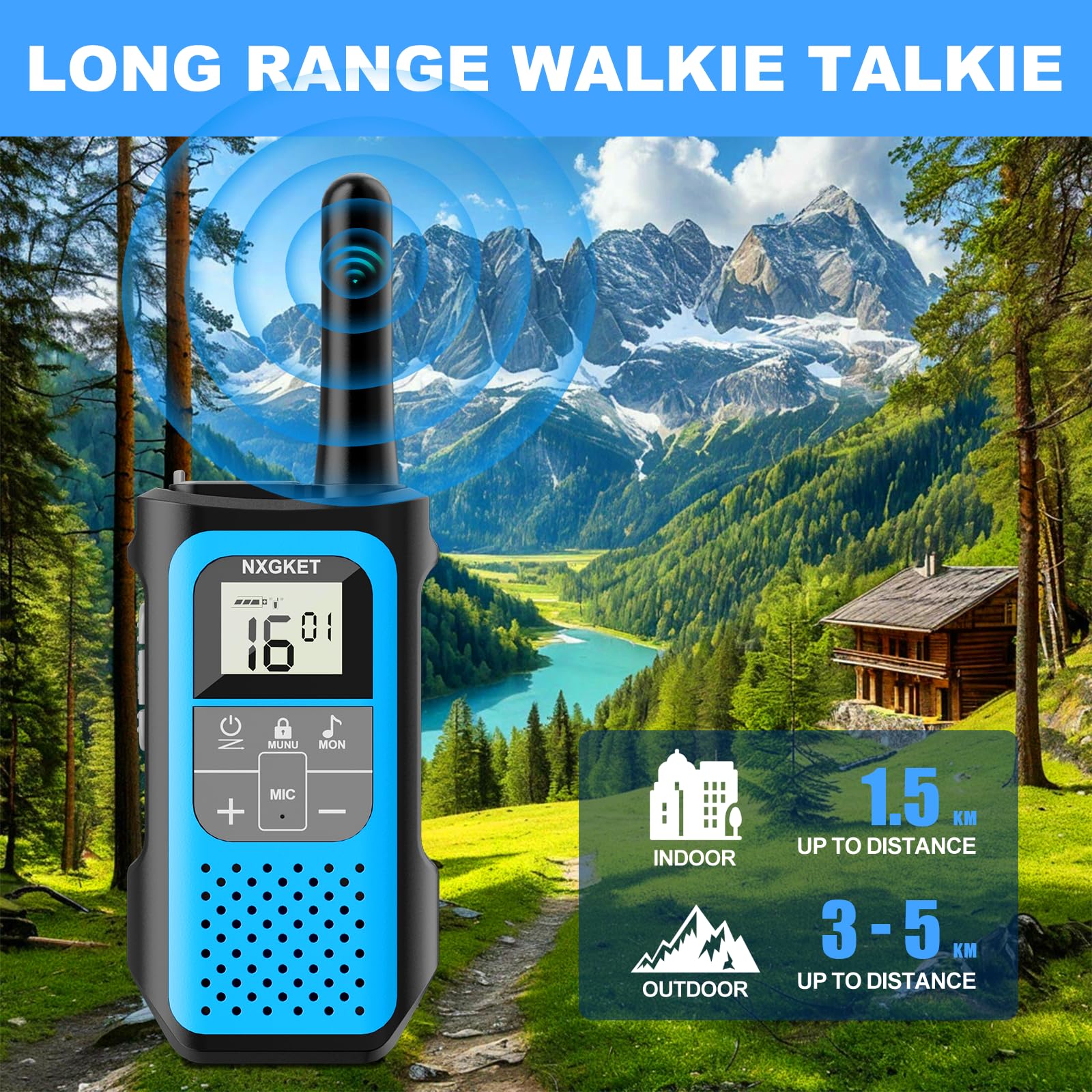 Walkie Talkie per Adulti Bambini, NXGKET Walky Talky Ricaricabile, Lungo Raggio Radio a 16 Canali con Batteria Agli ioni di Litio, Cavo USB-C, VOX per Campeggio e Escursionismo, Set da 2 Pezzi