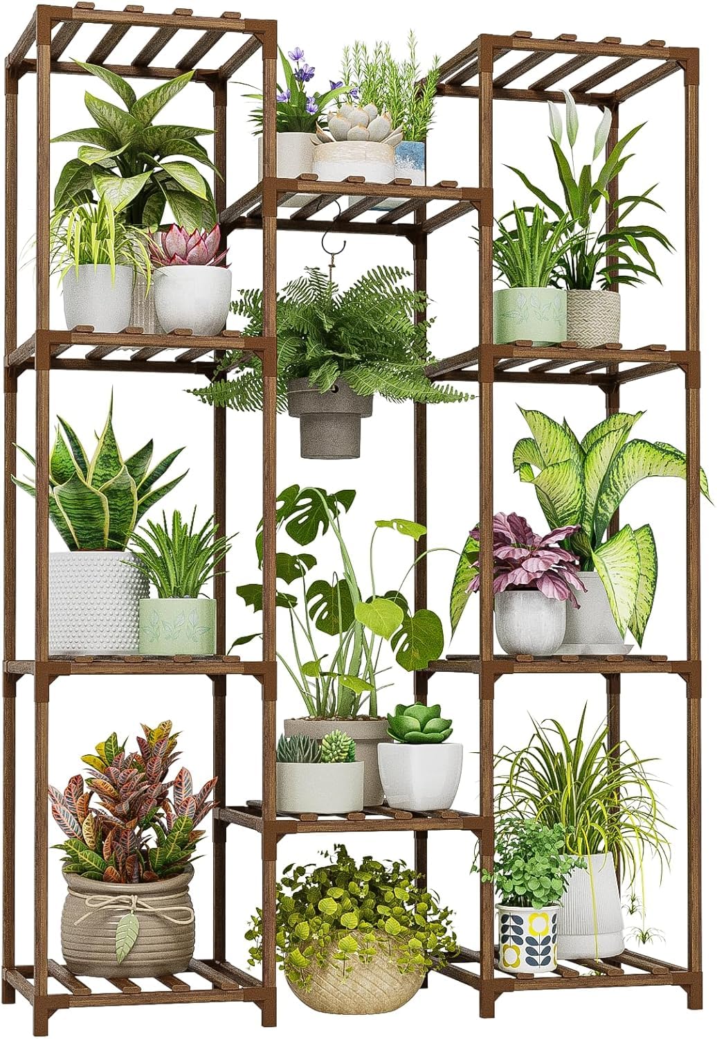 Bamworld Soporte para Plantas Estantería para Plantas de Exterior e Interior Estante para Colgar Varias Plantas, Jardinera Alta de Madera para Salón, Patio, Balcón, Jardín, Marrón