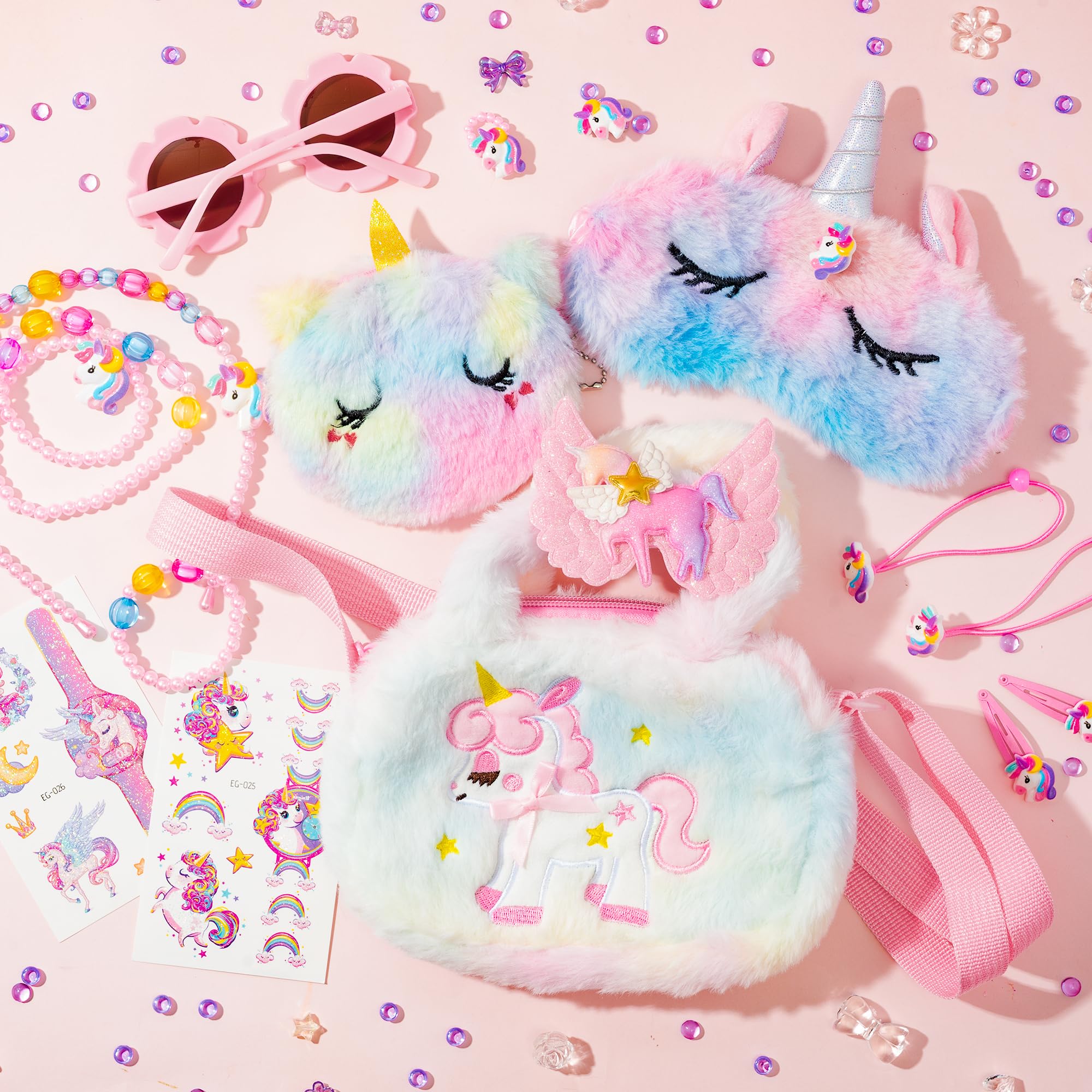 Einhorn Handtasche Schmuckset für Mädchen - Umhängetasche mit Kinderschmuck, Sonnenbrille, Tattoos, Haarspange, Geldbörse und Schlafmaske, Einhorn Geschenk für Mädchen 2-8 Jahre
