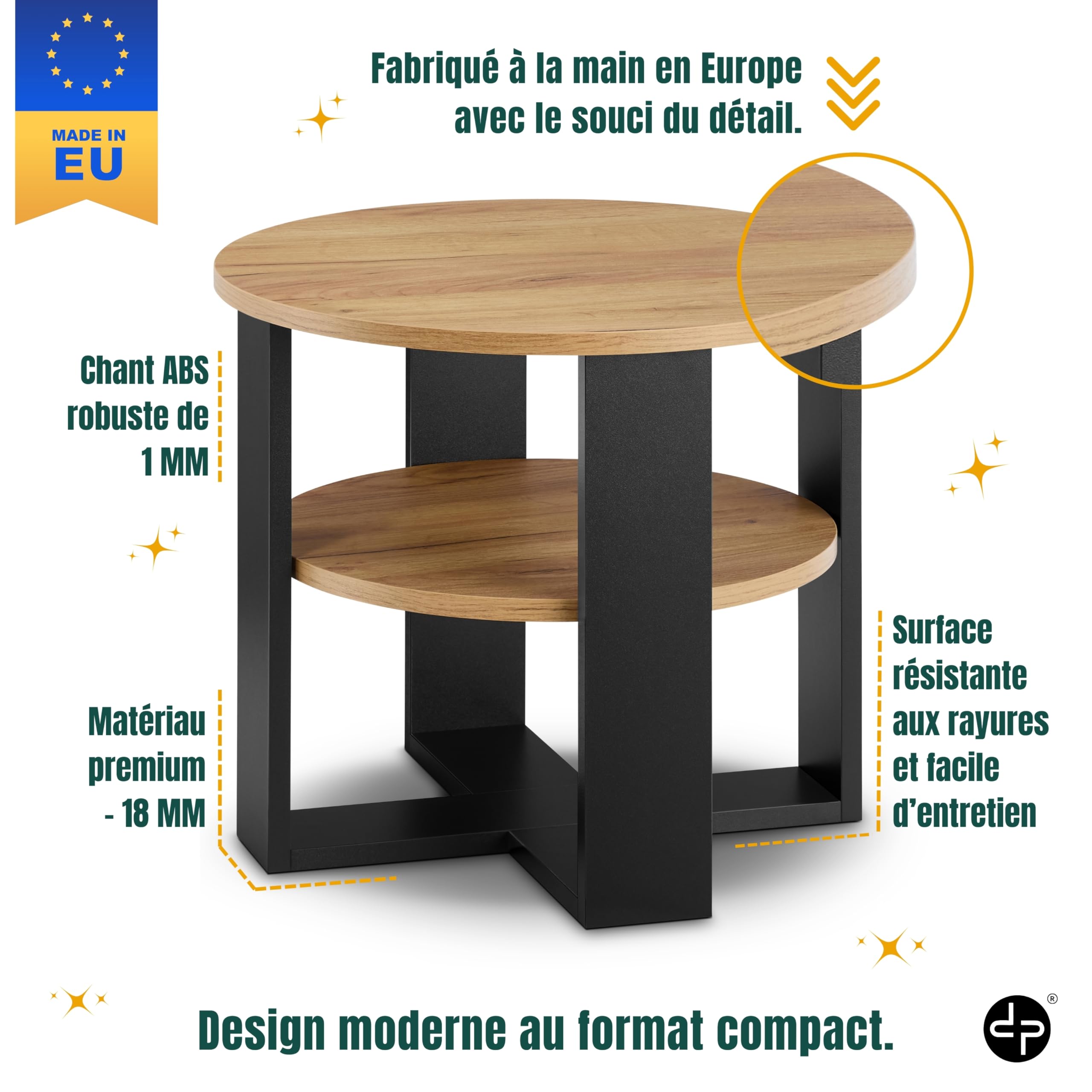 defiPad Table Basse Ronde Ø53 cm – Table d’appoint Bout de canapé avec étagère, 2 Niveaux, Meuble de Salon Moderne, Noir et chêne, Design Industriel, fabriquée en UE