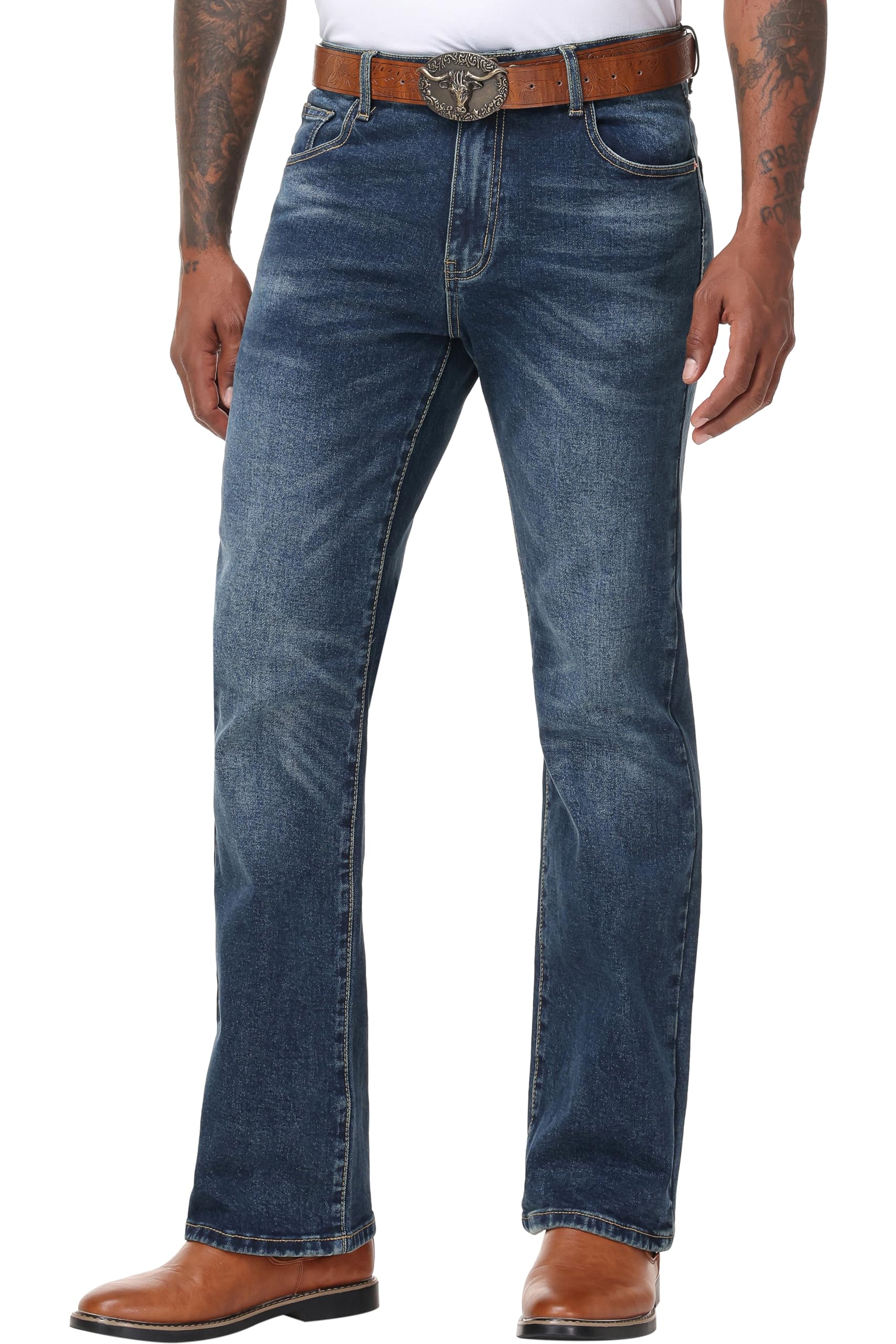 Mens Stretch Regular Fit Bootcut Flared Jeans - Cowboy Cotton Fashion Comfort Flex Waist Denim Pants