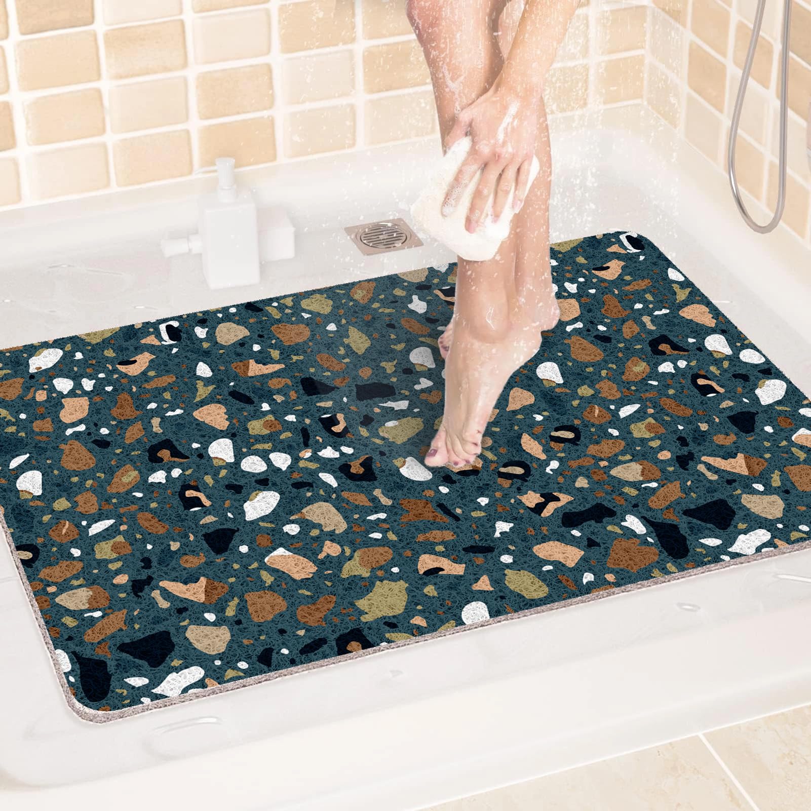 Alfombrilla de ducha antideslizante: 120 x 200 cm, alfombrilla de ducha de lufa para el interior, antideslizante, color verde azulado, negro, para ancianos, secado rápido