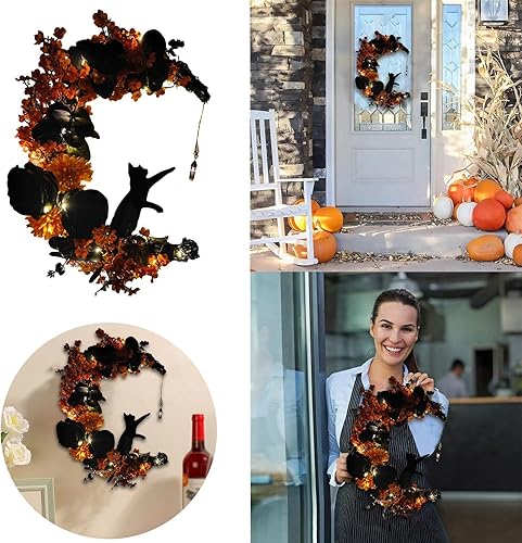 Miniatura 5 de Corona de Halloween, luna y gato con rosa, guirnalda de corona de Halloween negra para puerta delantera, ventana, decoración de pared, bonita corona