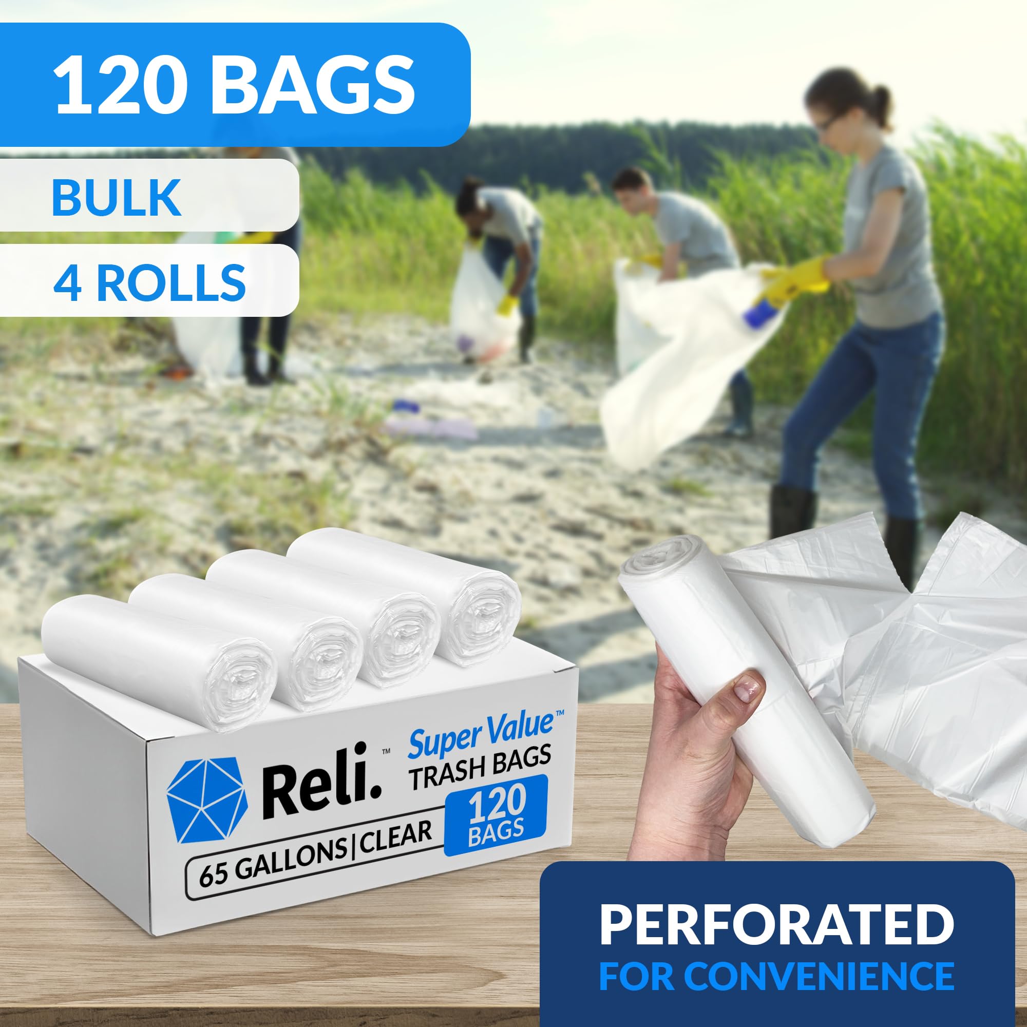 Reli. SuperValue worki na śmieci 150 litrów (30 sztuk, zbiorcze), przezroczyste worki na śmieci o pojemności 152 l (150 galonów - 150 galonów - 150 galonów), przezroczyste