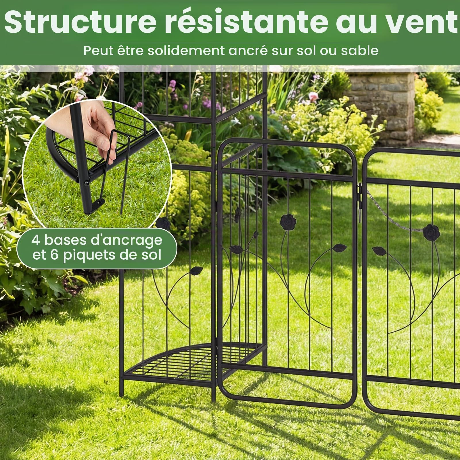 HOMASIS Arche de Jardin Haute avec Porte Verrouillable, Tonnelle Métallique Robuste avec Treillis et Étagères Latérales pour Plantes Grimpantes, pour Mariage, Pelouse (163x50x220cm)