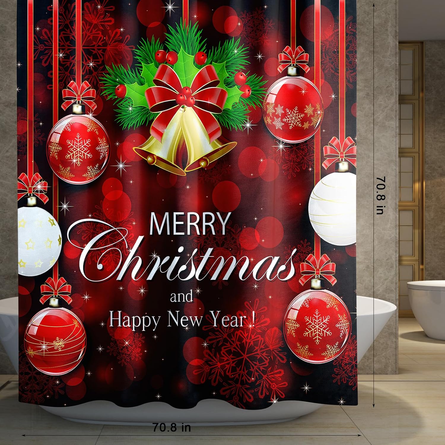 4pcs Christmas Shower Curtain Sets with Non-Slip Rugs Toilet Lid Cover Bath Mat Christmas Bells Bow Shower Curtain Sets Winter Red Xmas Snowflake Pattern Holiday Christmas Bathroom Decor