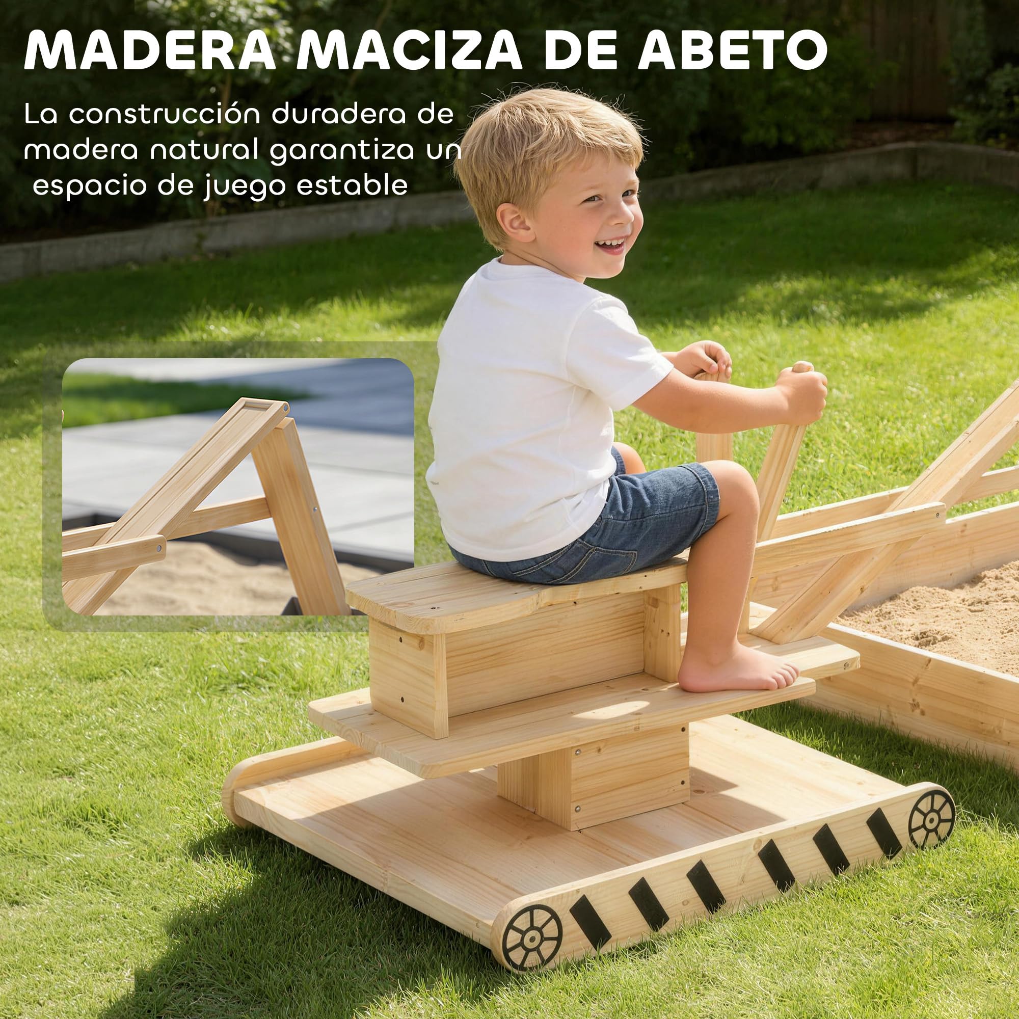 AIYAPLAY Arenero para Niños de Madera con Excavadora, Arenero Infantil con Asiento Giratorio 360° y Forro de Tela no Tejida, sin Motor, Caja de Arena para Niños de 3-6 Años, 184x90x56 cm, Natural