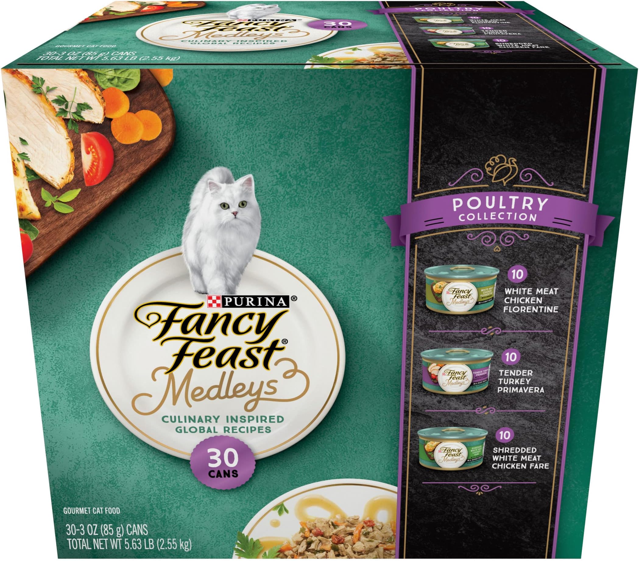 Purina Fancy Feast Wet Cat Food Variety Pack, Medleys Poultry Collection with Garden Greens in Sauce - (30) 3 oz. cans