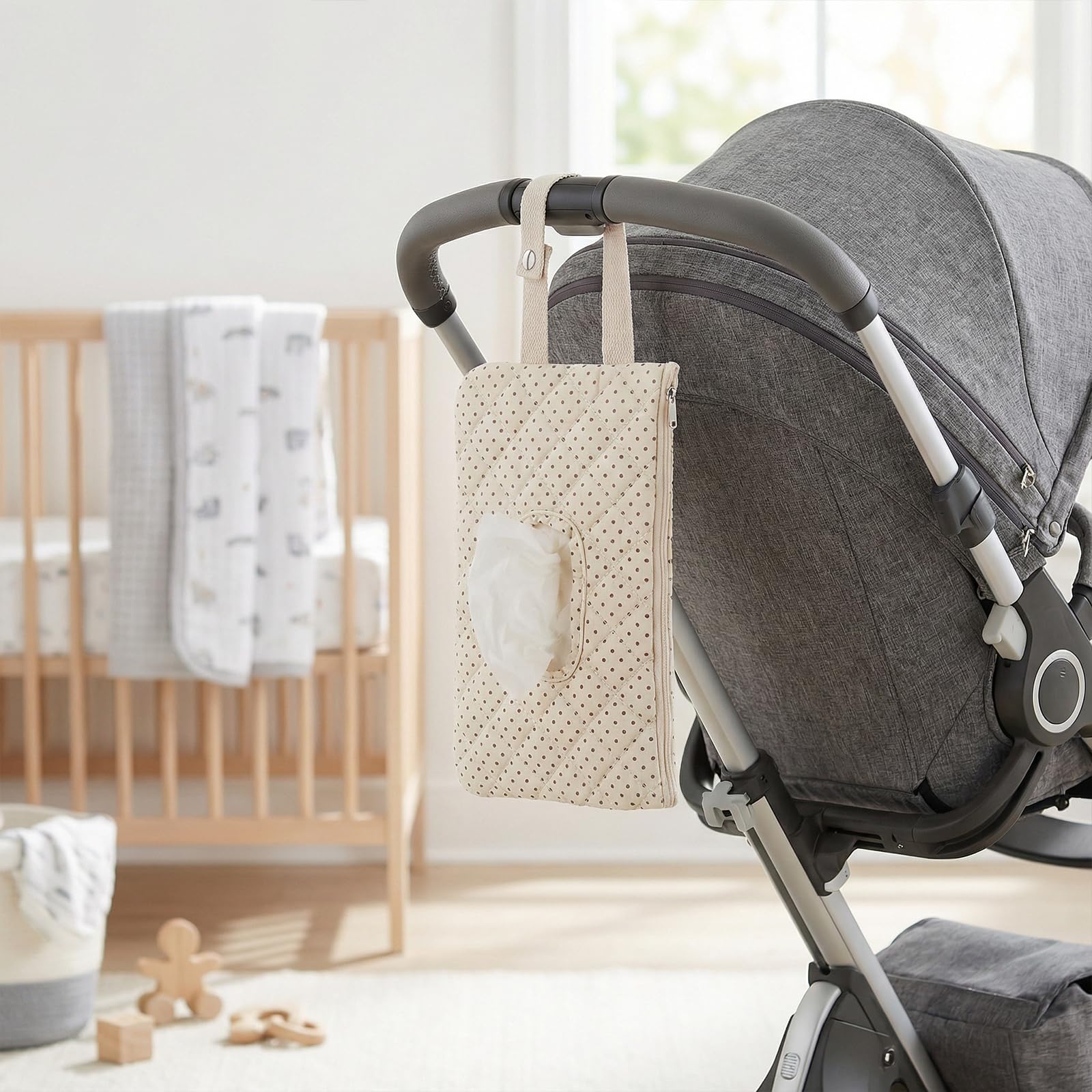 Quilted Baby Wipe Holder, Canvas Floral Quilted Pouch with Hanging Strap, Portable Diaper Wipe Holder for Travel Stroller-Polka Dots - 4