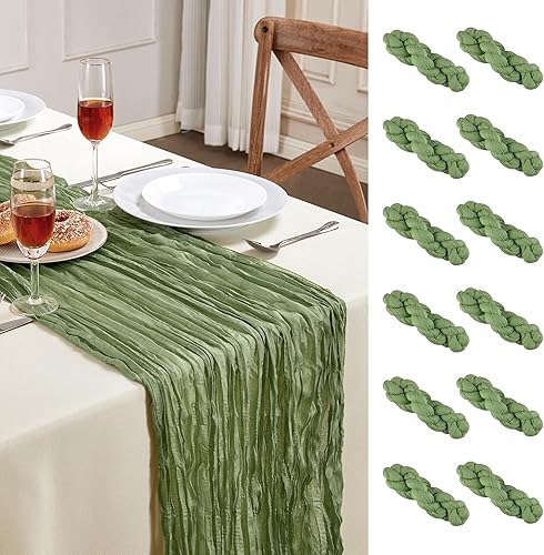 AGIRL Paquete de 12 caminos de mesa de gasa verde salvia de 10 pies de largo, estilo bohemio, camino de mesa de gasa bohemio para bodas, despedidas