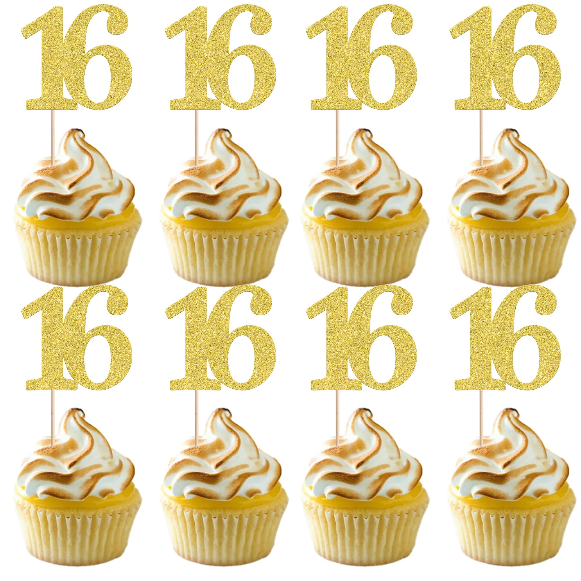 Xsstarmi 36 Pack Number 16 Cupcake Toppers Gold Glitter Cheers to 16 Years Birthday Cupcake Picks Decoration for Happy 16th Birthday Wedding Anniversary Party Cake Decorations