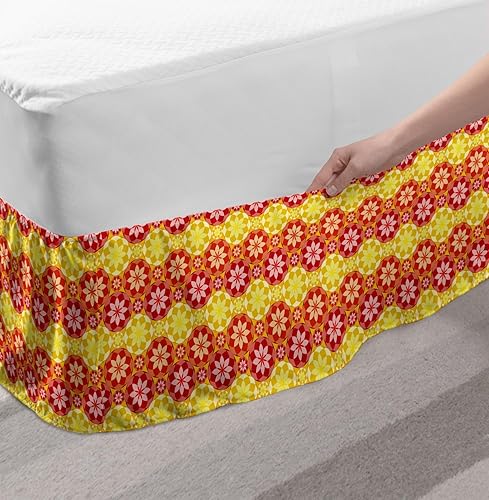 Miniatura 3 de Lunarable Floral Bed Skirt, Horizontal Pointy Petals Flower Colorful Retro 70's Style Arrangement, Elastic Bedskirt Dust Ruffle Wrap Around for