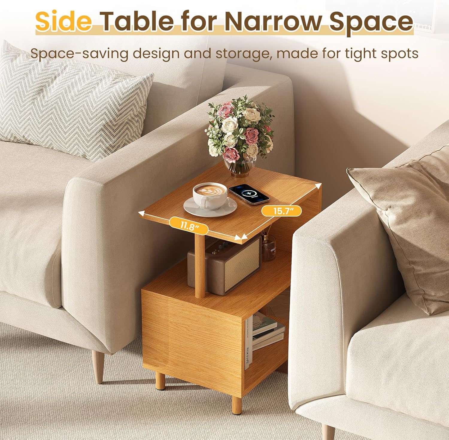 Apicizon S-Shaped Side Table, 3-Tier Nightstand with Solid Wood Legs, Slim Bedside Table with Storage Shelf, Modern End Table for Small Spaces, Bedroom, Living Room, Entryway, Natural