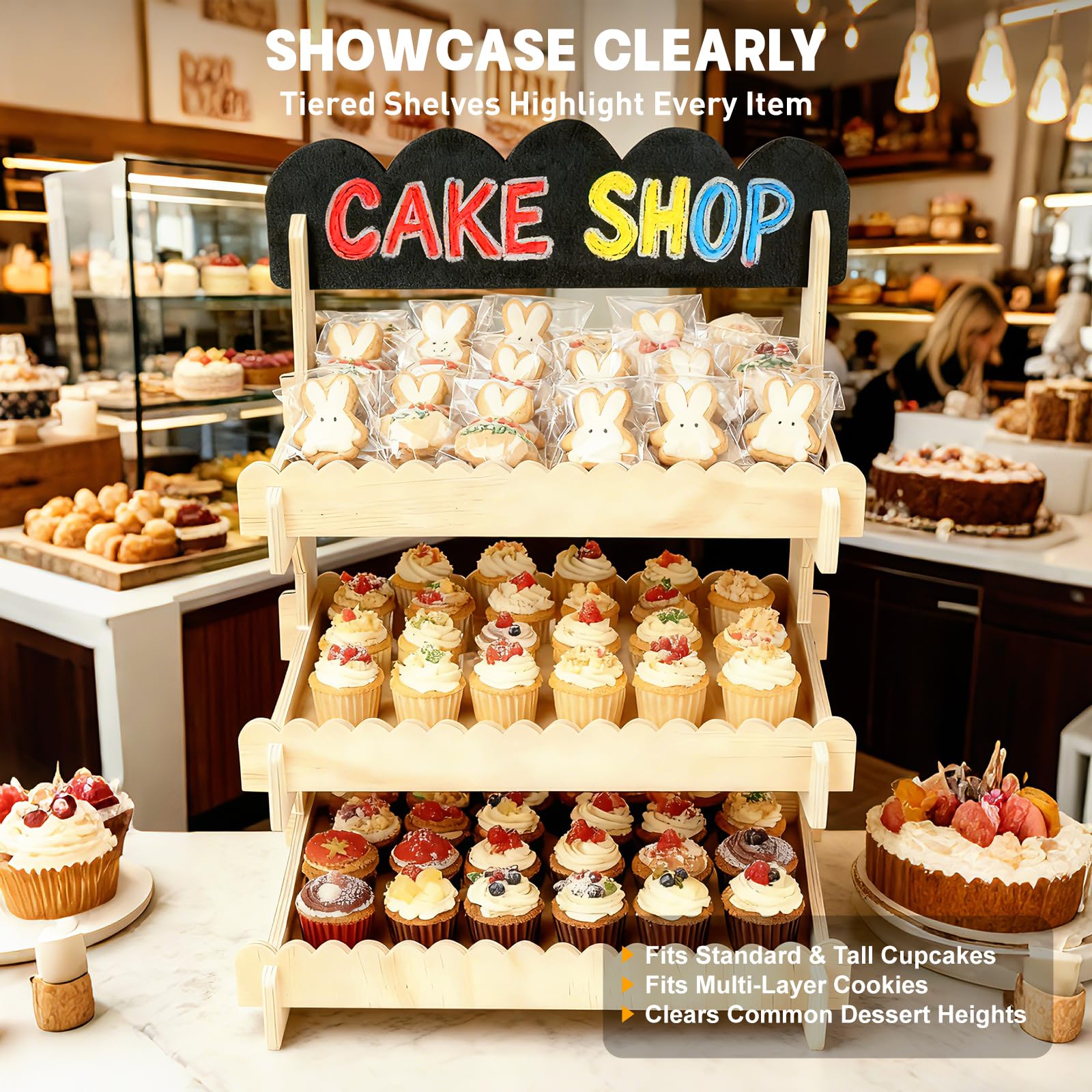 Keksständer, stabiler gestufter Plätzchenständer aus Holz mit Kreidetafel-Schild, werkzeuglose Montage für Cupcakes, Muffins, Gebäck, Marktstände und Veranstaltungen