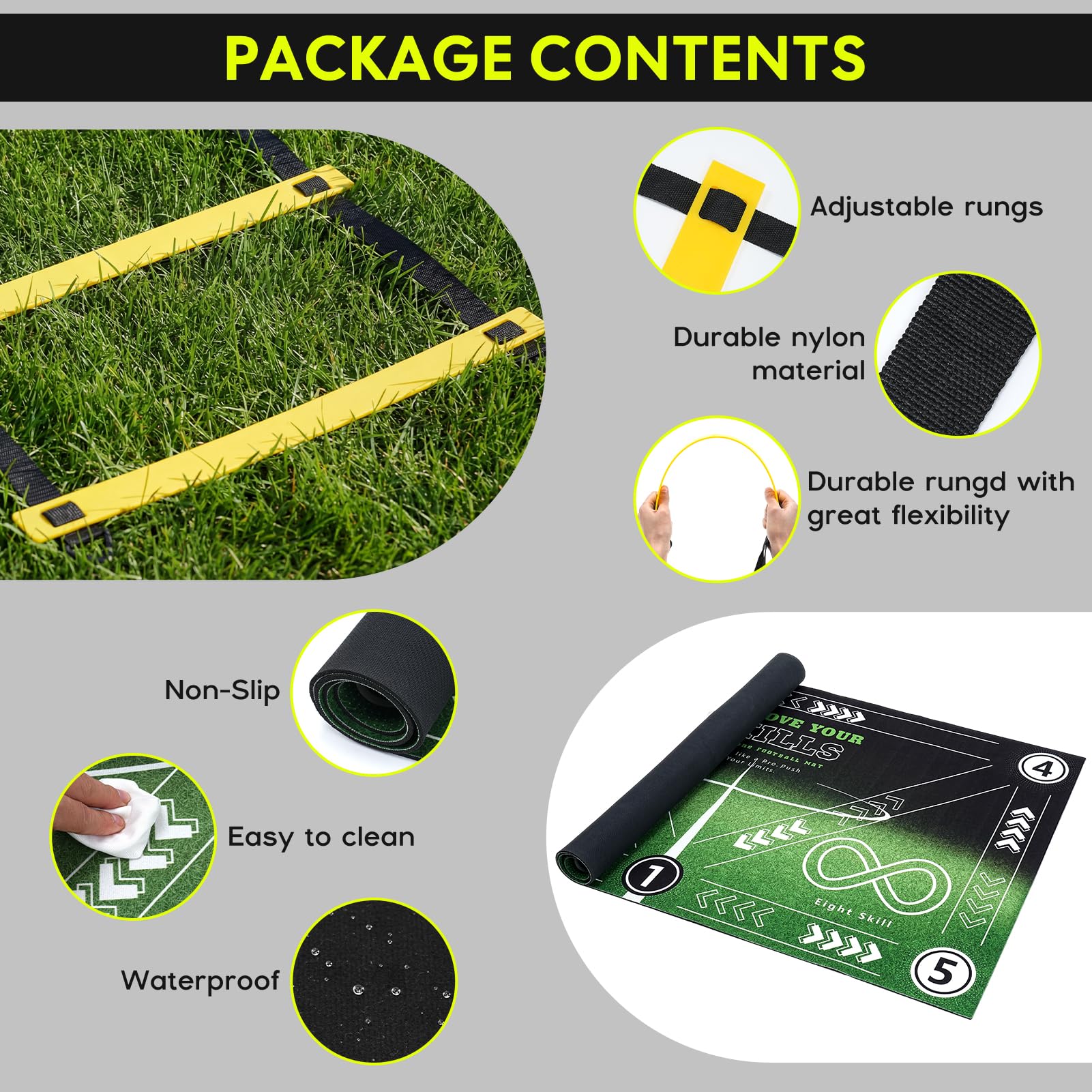 Fussball Trainingszubehör, Fußball Trainingsset mit Fußballmatte 90×60cm 6m Koordinationsleiter, 5 Widerstandsbändern, 10 Hütchen, 2 Paar Sportsocken Fußball Geschenke für Jungs Kinder