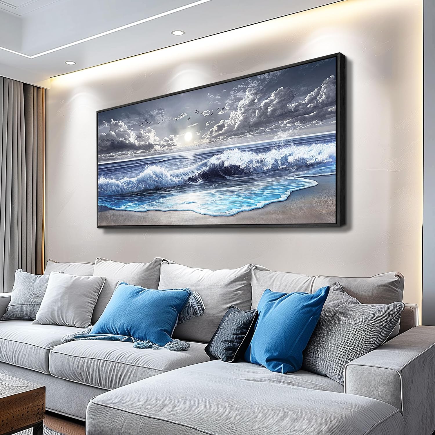 MHARTK66 Blue Ocean Large Canvas Wall Art Prints, Coastal Sunset Landscape Paintings, Nature Waves Beach Wall Decor,Seascape Pictures for Bedroom Living Room Dining Room Office Framed Artwork 20"X40"