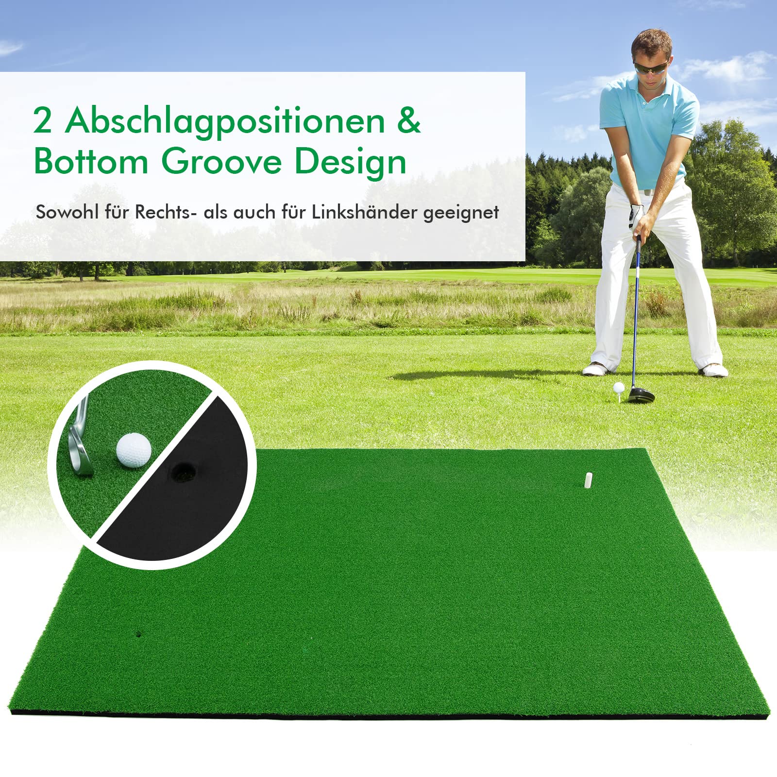 COSTWAY 150 x 100cm Golf Abschlagmatte, Golf Übungsmatte inkl. 3 Gummi-Tees, Golfmatte mit 2 Abschlagpositionen, für Indoor und Outdoor