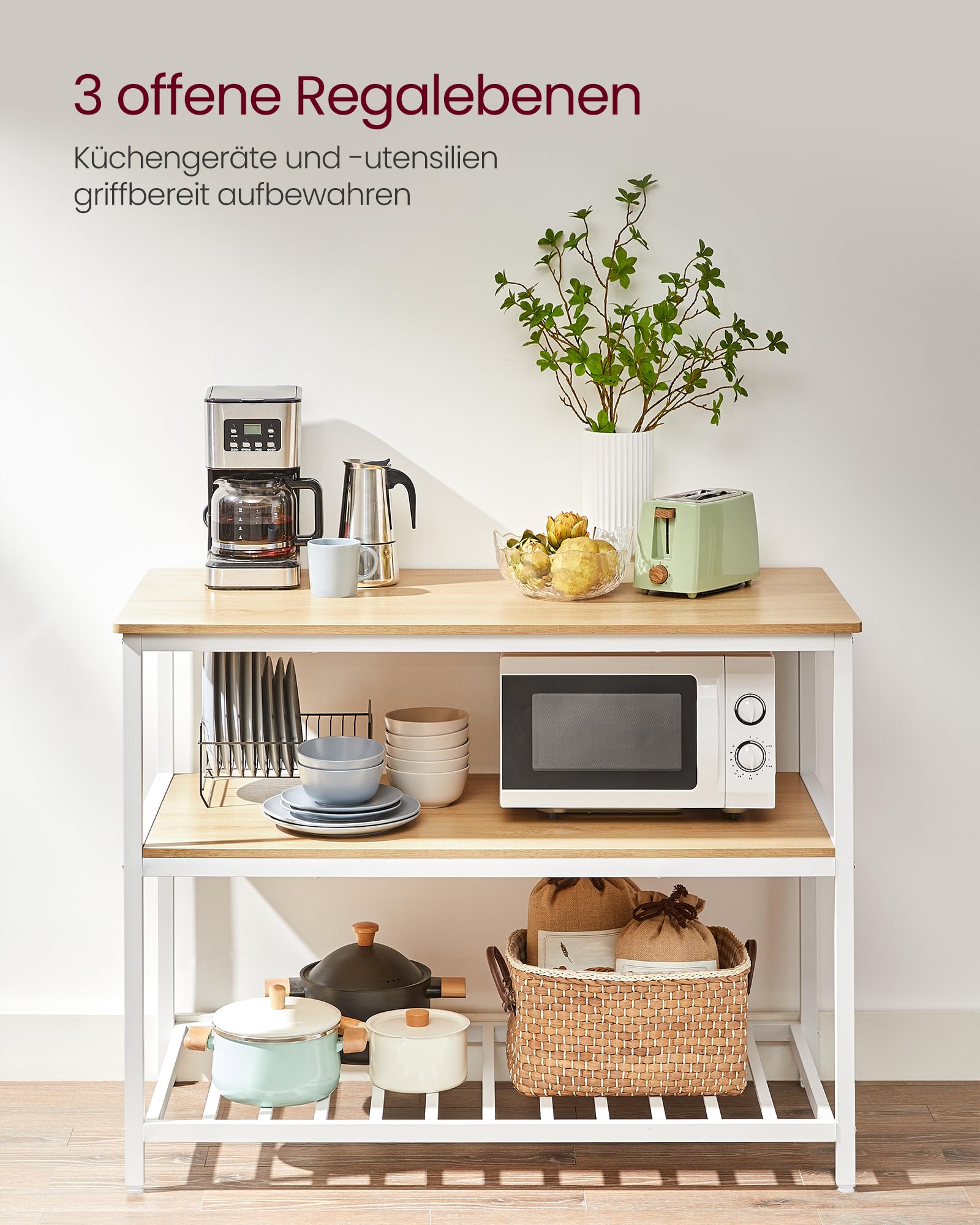VASAGLE Küchenregal mit großer Arbeitsplatte, 3-stufiges Mikrowellenregal, Stahlrahmen, 60 x 120 x 90 cm, modern, leichte Montage, eichenfarben-weiß KKI001W09
