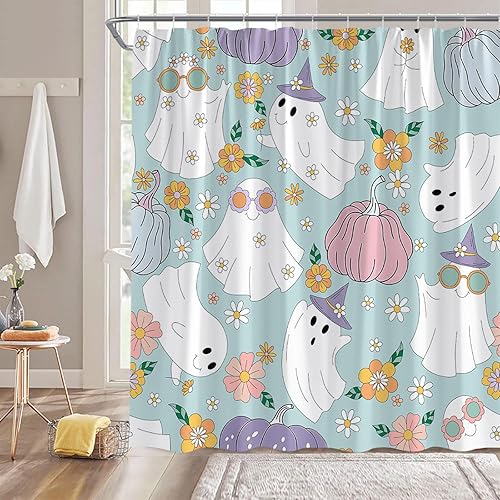Cortina de ducha de fantasma de Halloween, espeluznante, linda, retro, hippie con margaritas, divertida cortina de decoración de baño con ganchos,