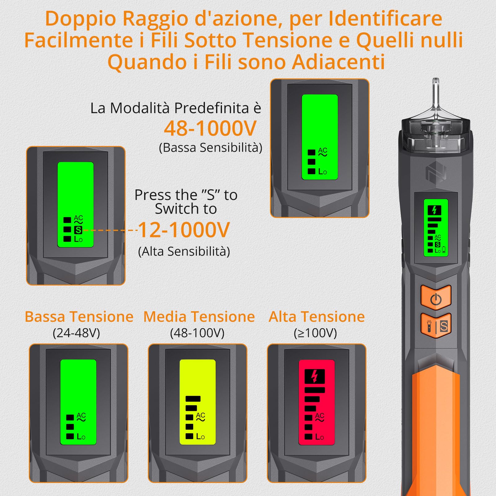 Neoteck Tester di Tensione AC 12-1000V/48V-1000V Cercafase Senza Contatto con Penna Sensibilità Regolabile, Penna Rilevatore di Corrente con Display LCD, Torcia LED, Allarme Sonoro e Luminoso | Rilevatore a doppia sensibilità regolabile da 12 V/48 V-1000