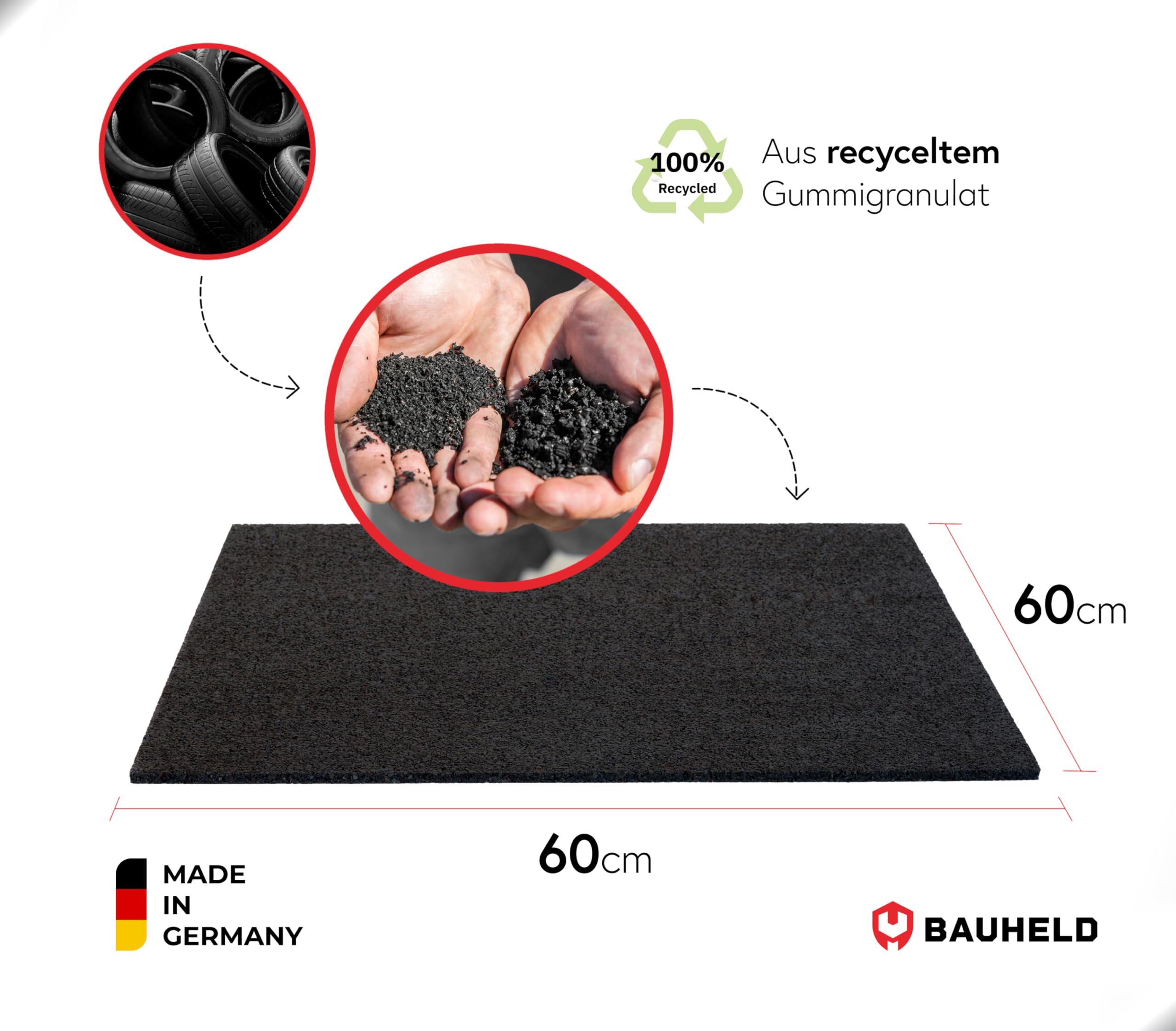 BAUHELD Antivibrationsmatte Waschmaschine 60x60 x 1,0 cm - Made in Germany - Rutschfeste Antirutsch-Matte aus Gummigranulat - Unterlage für Trockner, Subwoofer, Outdoor Teppich, 3D-Drucker