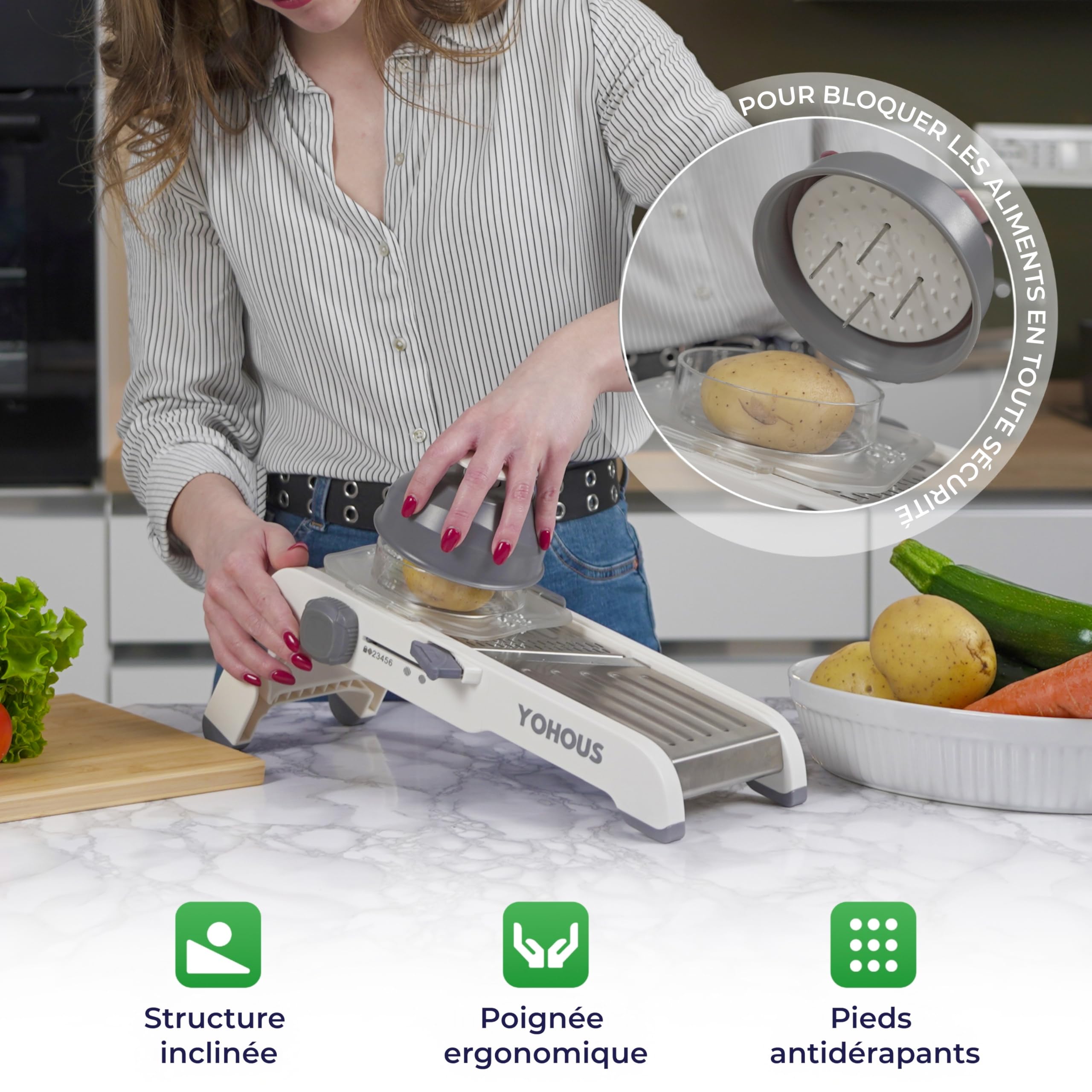 Mandoline Cuisine Professionnelle Réglable - Coupe Legumes multifonctions en Acier Inoxydable - Taille Legume en Julienne, en Dés et en Fines Tranches