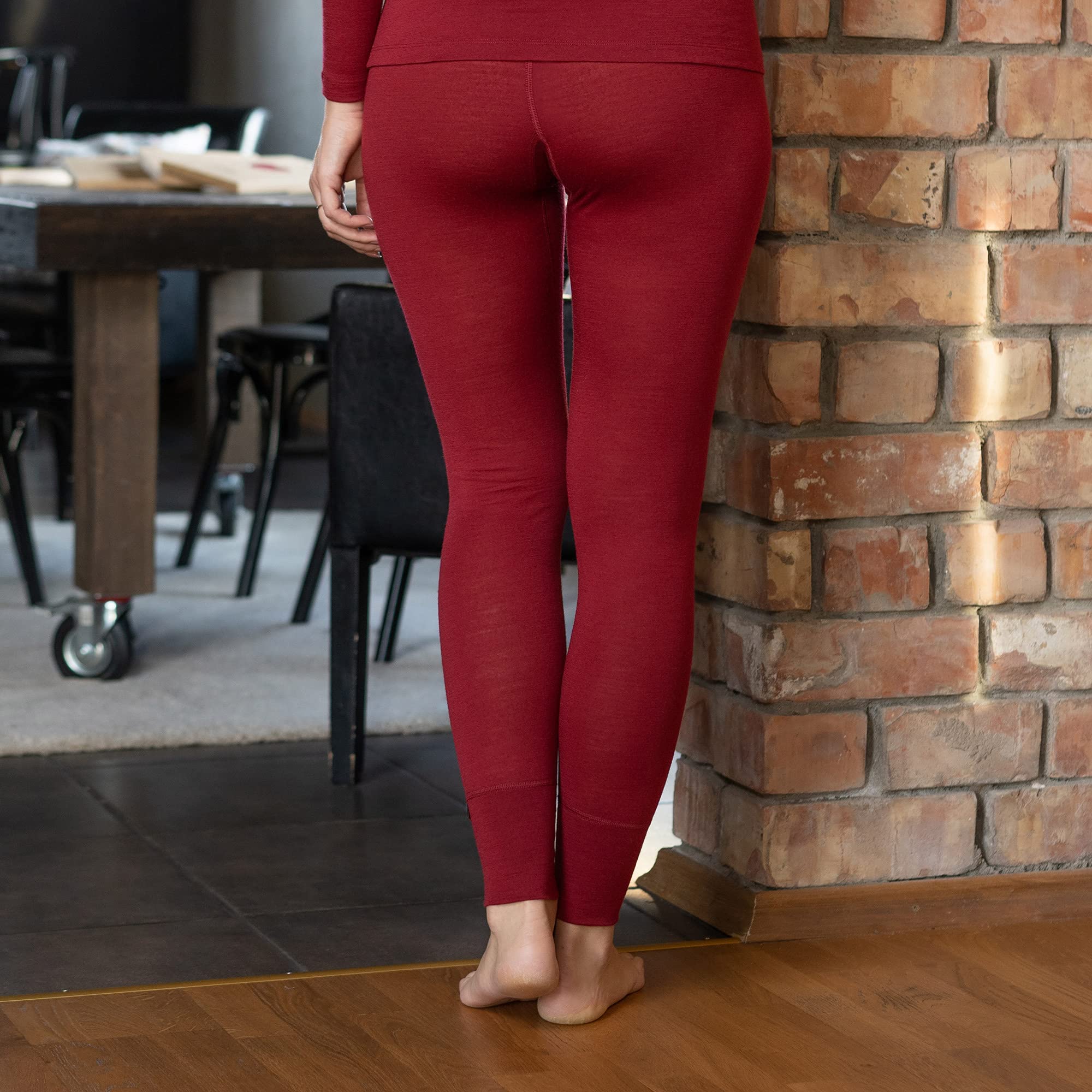 Menique - Leggings da donna, a vita alta, in lana merino, 160 g/m², termici, Ciliegia reale, L