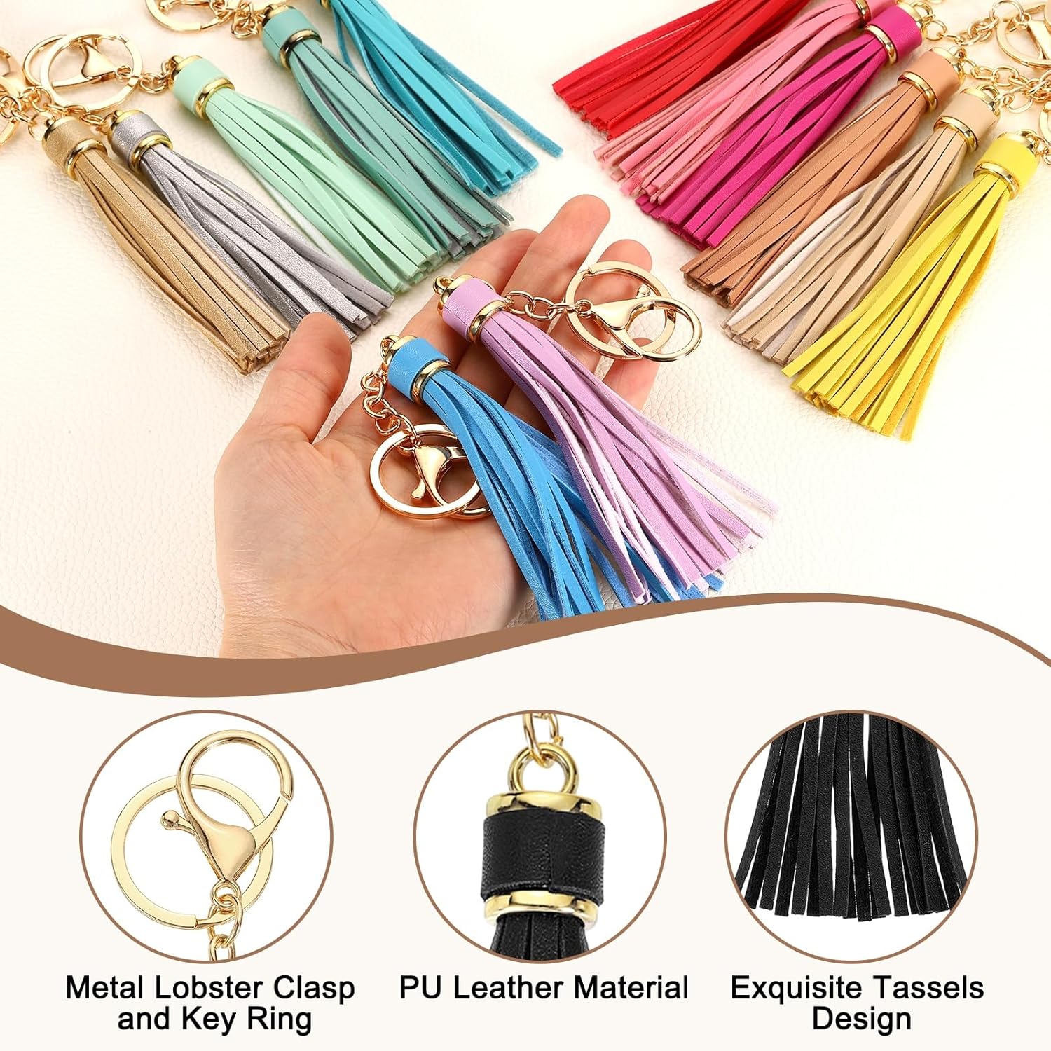 uxcell Leather Keychain Tassels, Women Tassel Bag Charm with Lobster Clasp Key Ring for Handbag Purse - Image 3