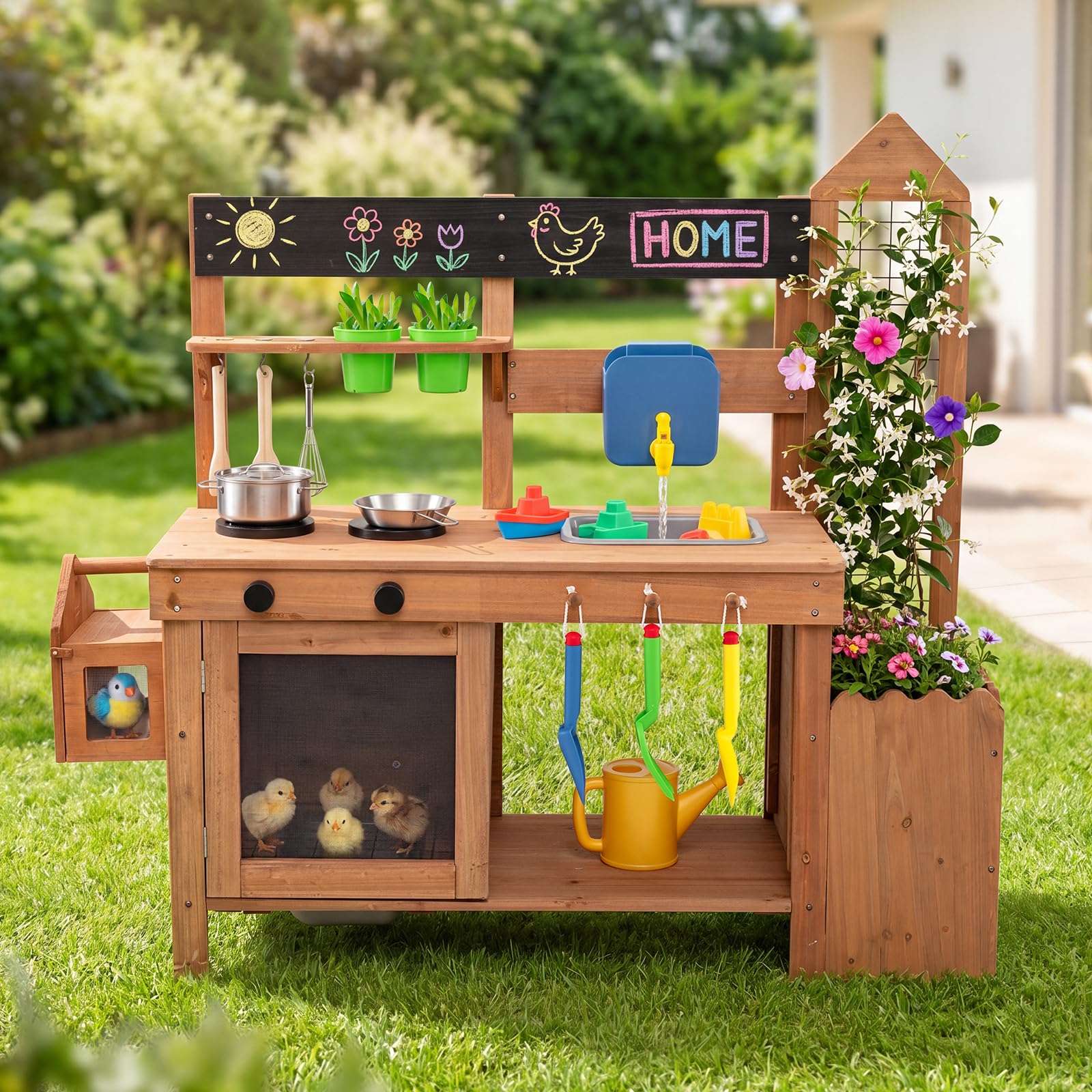 COSTWAY Cucina Giocattolo in Legno per Bambini 3+ Anni, 112 x 40 x 101 cm | Cucinetta Montessori da Esterno con 2 Gabbie, Fioriera, Lavagna e Accessori, con Armadietto, Ripiani e Ganci, Giocare Sabbia