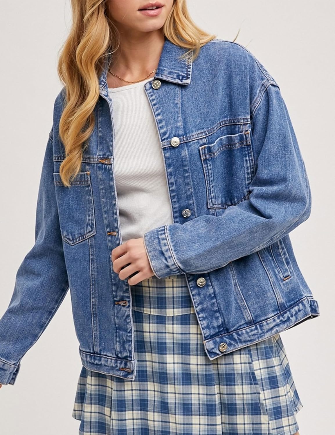 Bozanly Women's Classic Denim Jacket Trendy Long Sleeve Button Down Distressed Jean Jackets Outwear - Image 2