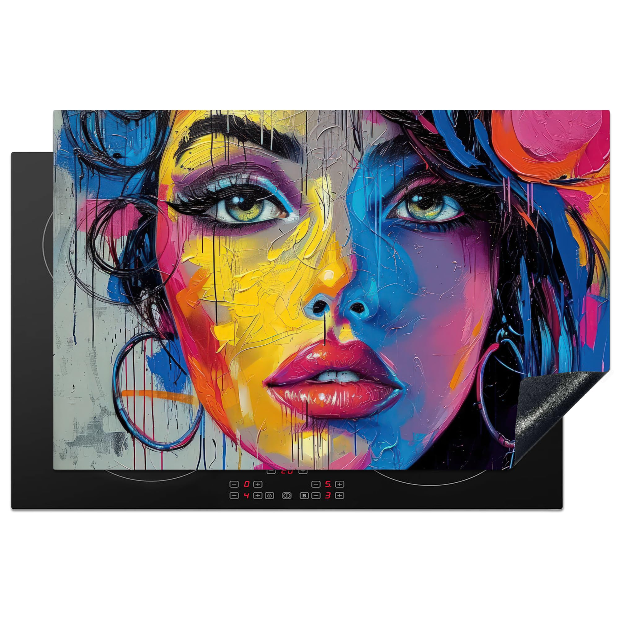 KitchenYeah© Induction Hob Protector Mat 20.5"x31.9" / 81.2x52 cm Cooker Top Protectors Cover Ceramic Covers Electric Hobs Vinyl Graffiti - Woman - Colourful - Street Art - Pop Art