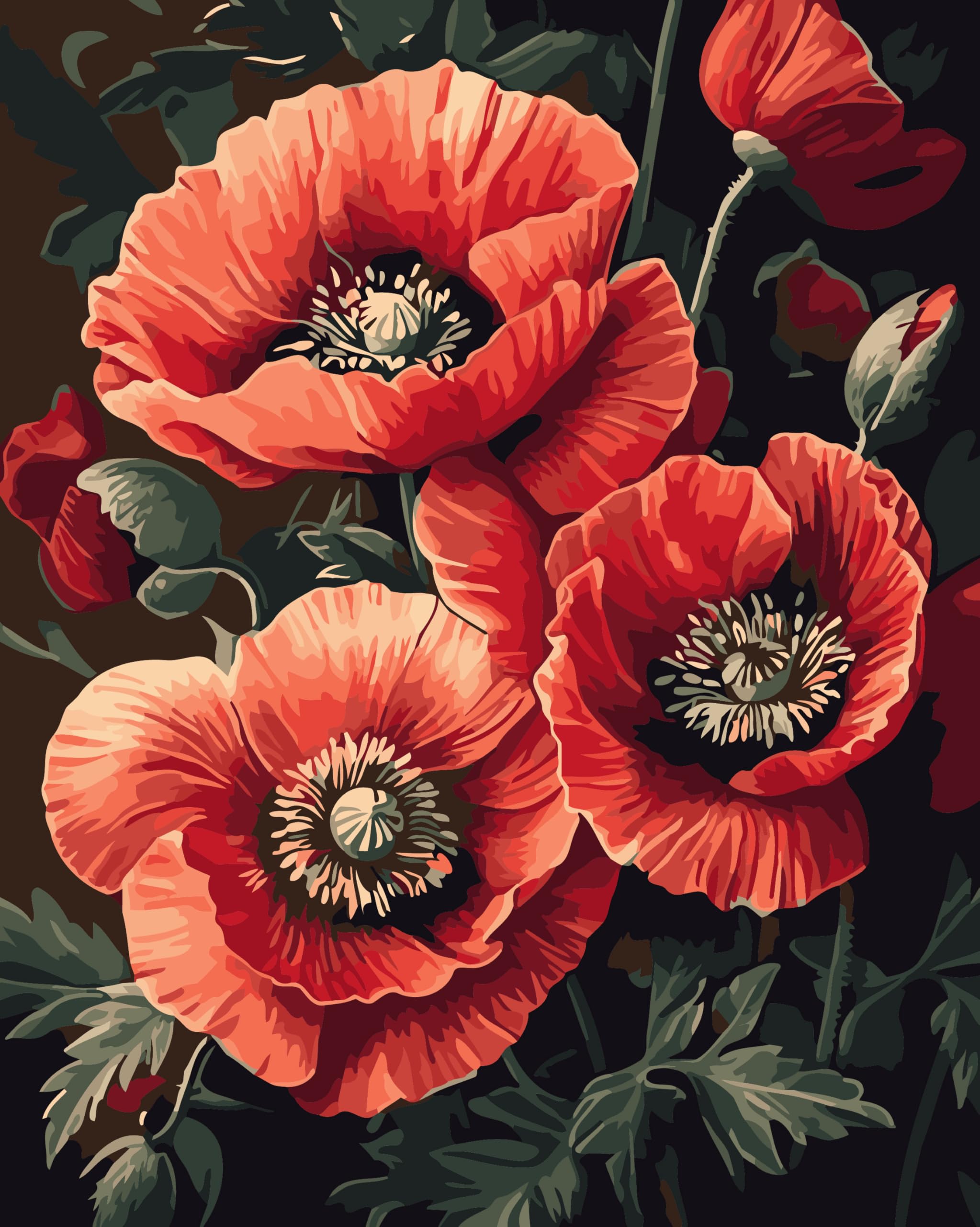 CaptainCrafts Paint by Numbers for Adults, Paint by Numbers DIY Oil Painting Linen Canvas 16x20 Inch Wall Art House Decor Gifts (with Frame, Dogwood Poppy Flowers)