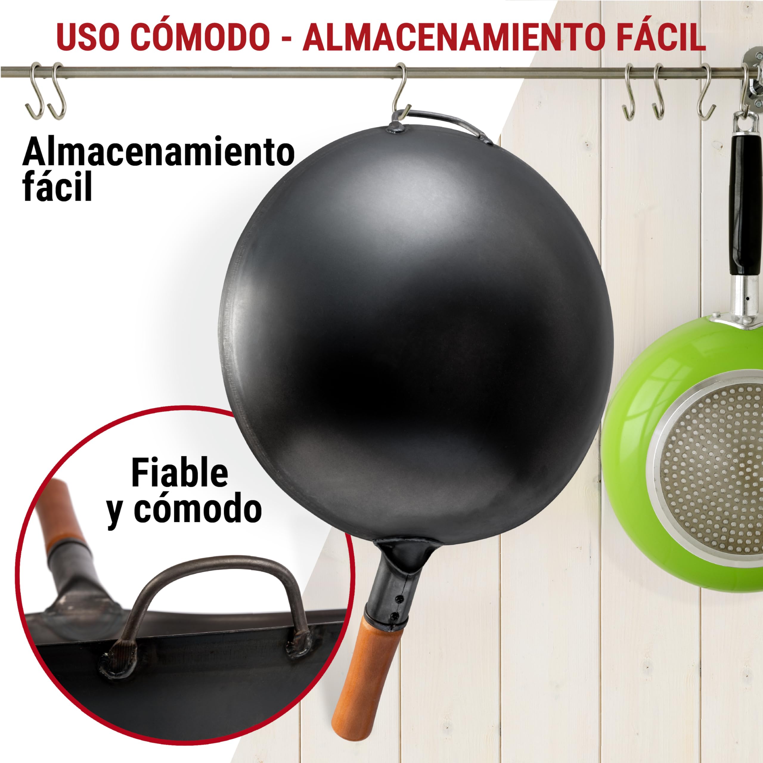 YOSUKATA Wok de acero al carbono de 14 pulgadas con fondo redondo – Wok Pow pre-sazonado para freír – Sartén tradicional china japonesa de acero negro – Utensilios de cocina al aire libre para estufas