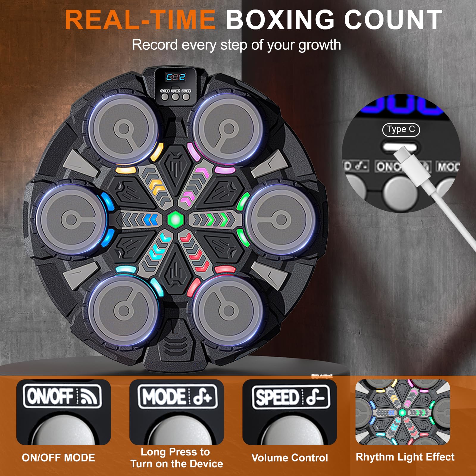 Music Boxing Machine, Macchina da Boxe Musicale, Bluetooth LED per Bambini, Elettronica da Boxe Intelligente, a Parete con Guantoni da Boxe per Adulti e Bambini