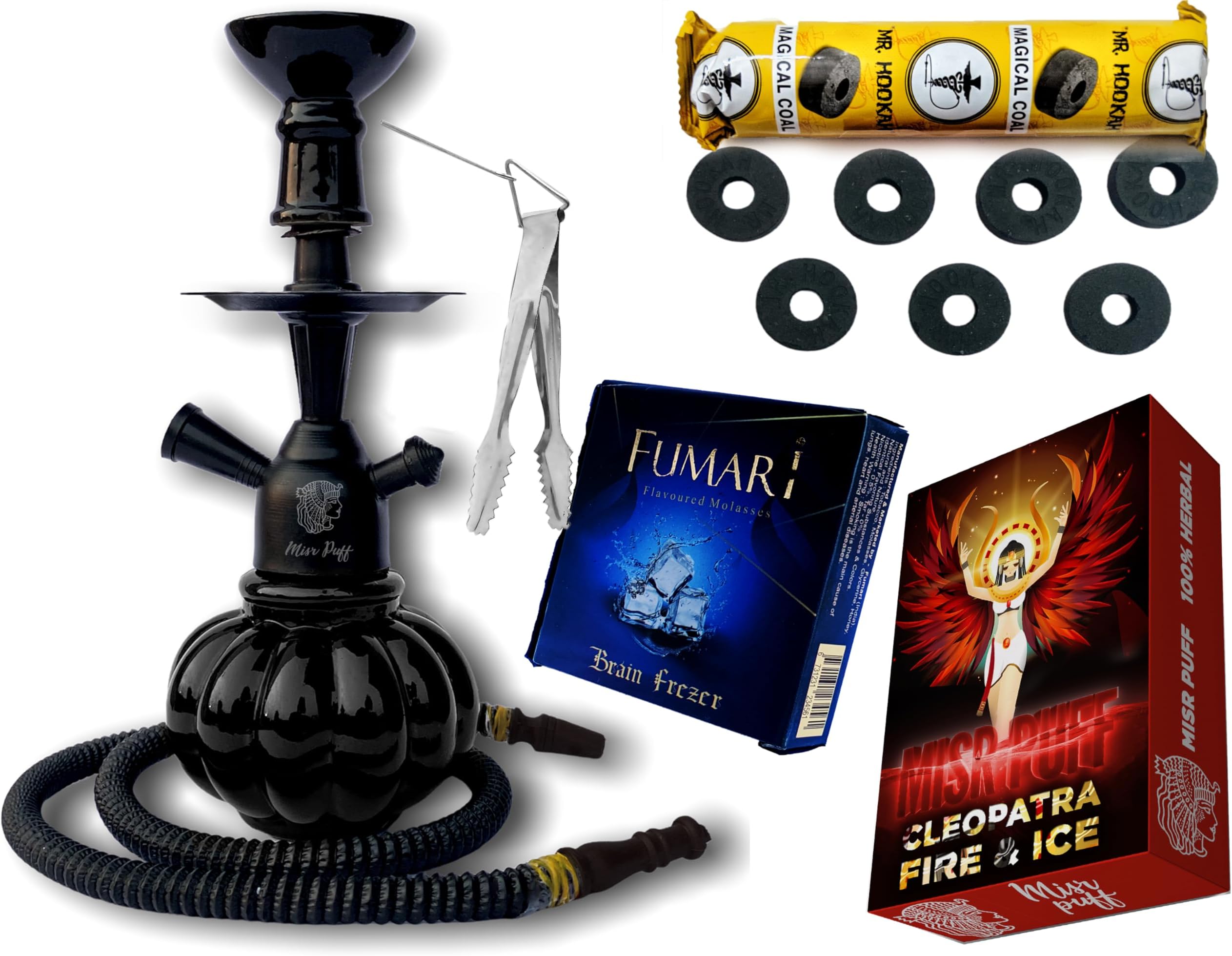 Premium Glass Hookah Set with Free Tongs, Charcoal, 2 Flavours (0% Tobacco & Nicotine), 40 cm Height (Black Combo 10 Inch)