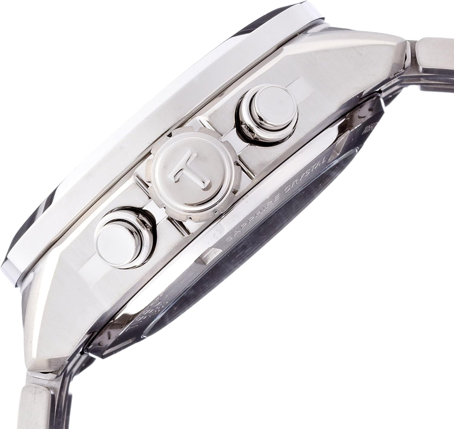 Side view of the Tissot PRC 200 watch showing the crown and chronograph pushers.