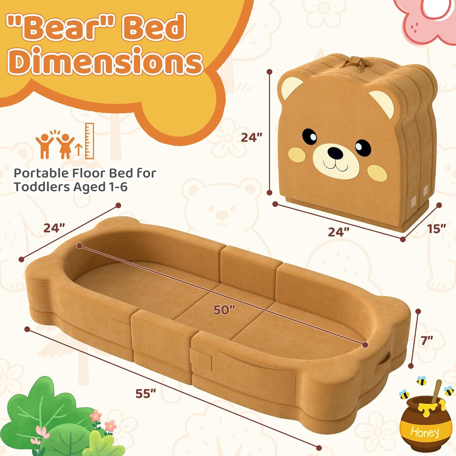 Toddler Travel Bed, Portable Foldable Soft Foam Floor Bed for Toddlers 1–6, Toddler Cots with Washable Cover and Safety Rails, No Assembly, 2-in-1 Kids Travel Floor Crib for Home,Travel & Camping