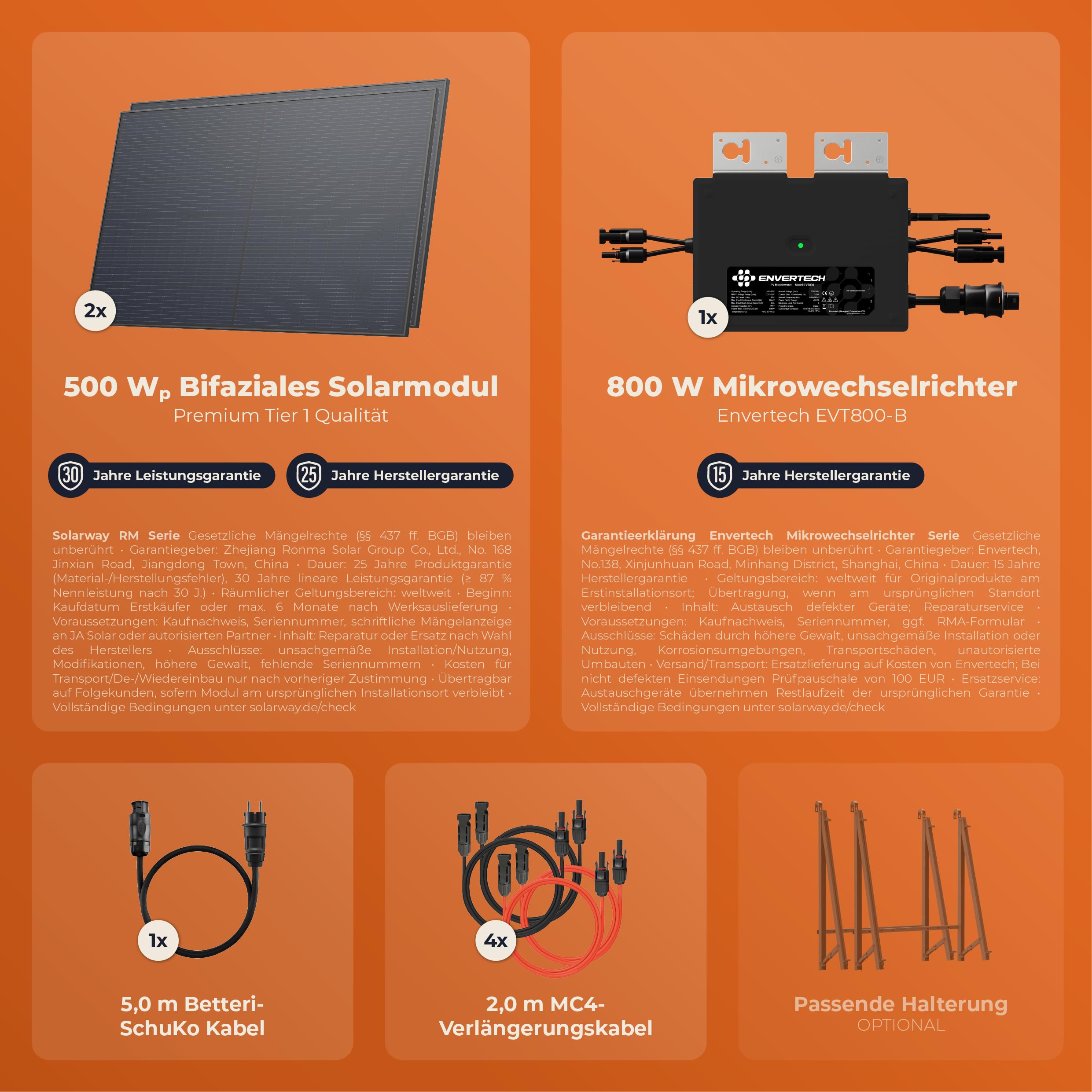 Solarway Centrale elettrica da balcone da 1000 W, 800 W, presa completa, inverter da 800 Watt, impianto solare, set completo da 500 W, pannelli solari bifacciali & Envertech e accessori